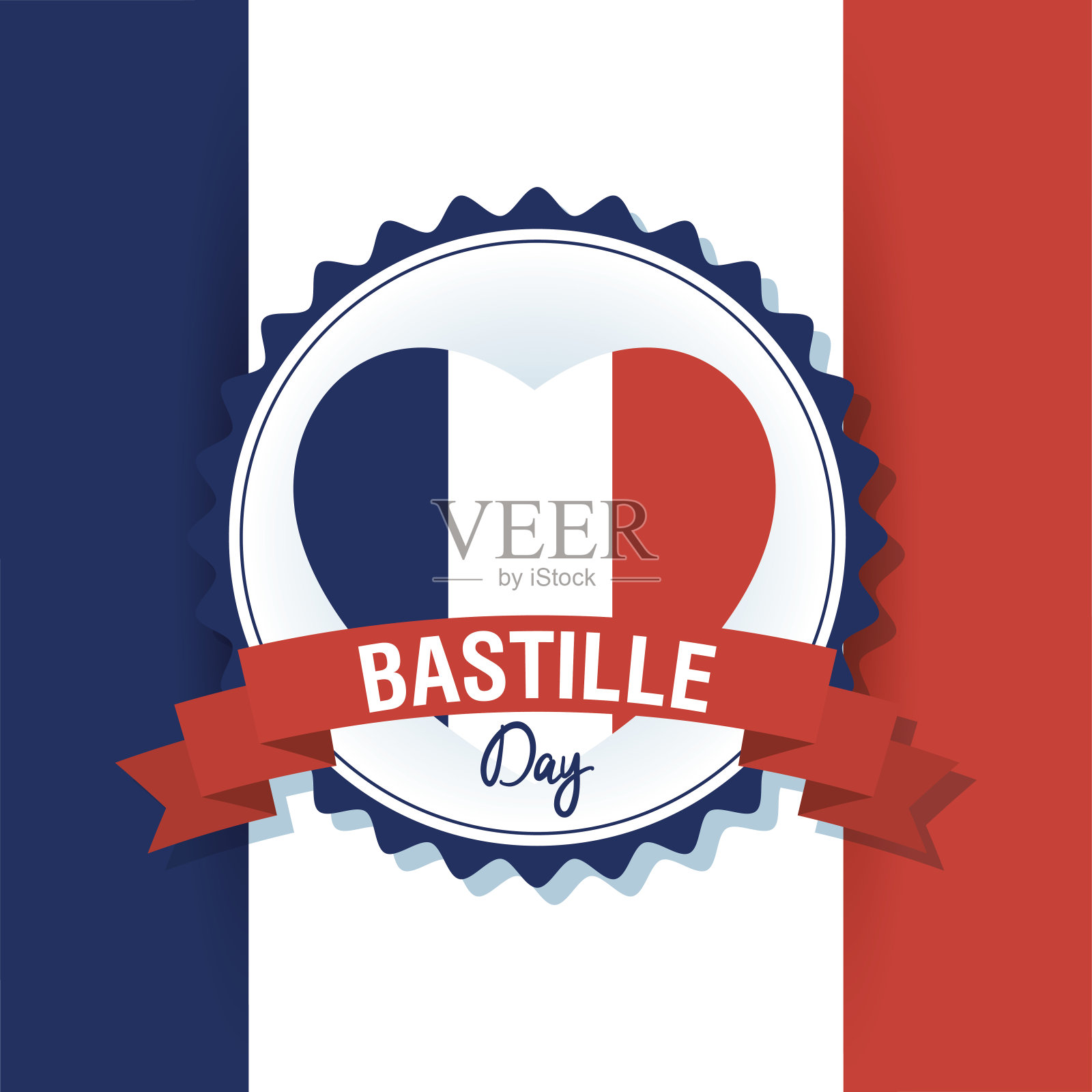 庆祝巴士底日的卡片,心中有法国国旗插画图片素材