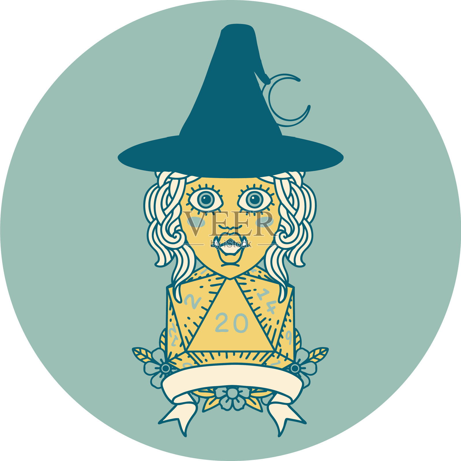 半兽人女巫角色与自然20骰子滚动插画图片素材