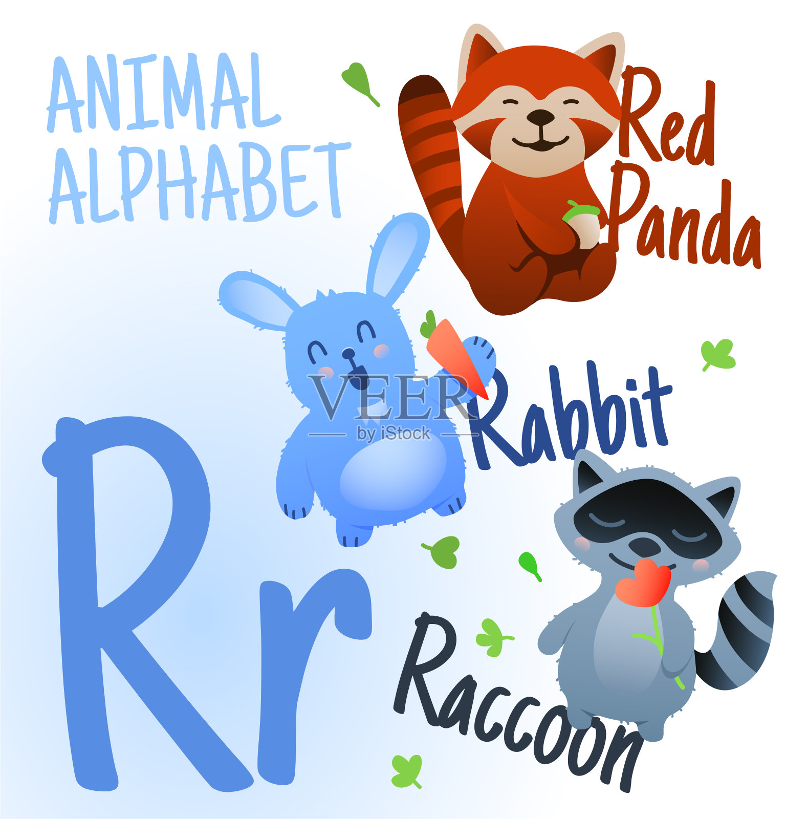 动物字母向量。R的信。非常可爱的卡通动物浣熊,兔子,小熊猫。插画图片素材