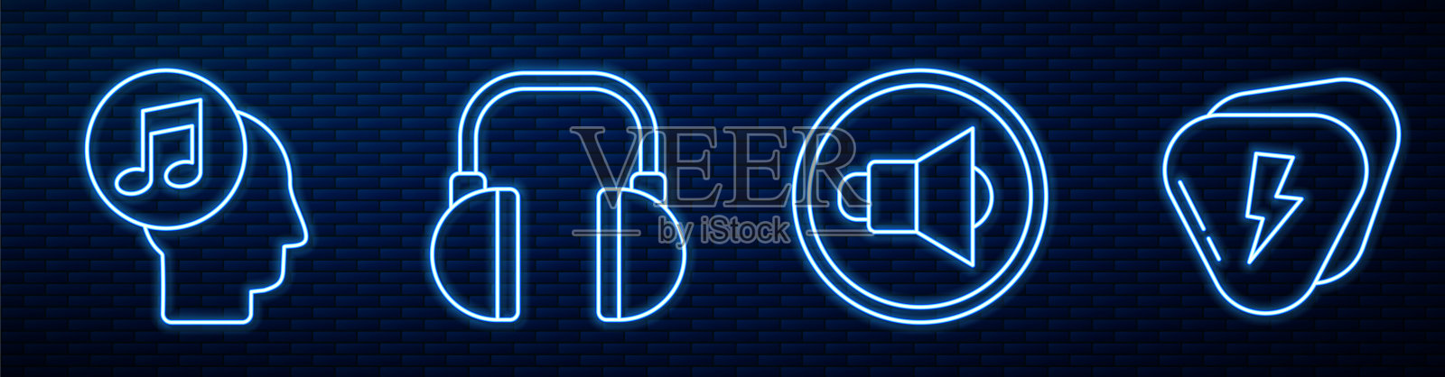 设置线扬声器音量,人的头部音符,耳机,吉他拨片和三角乐器。砖墙上发光的霓虹灯图标。向量插画图片素材