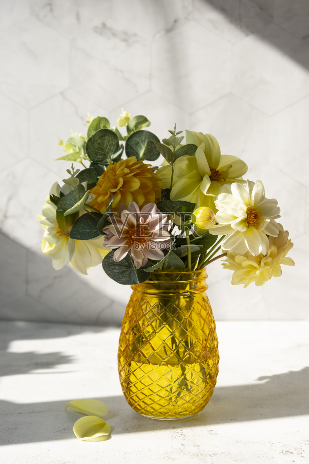 秋天的花束与新鲜的大丽花与阳光和阴影。照片摄影图片