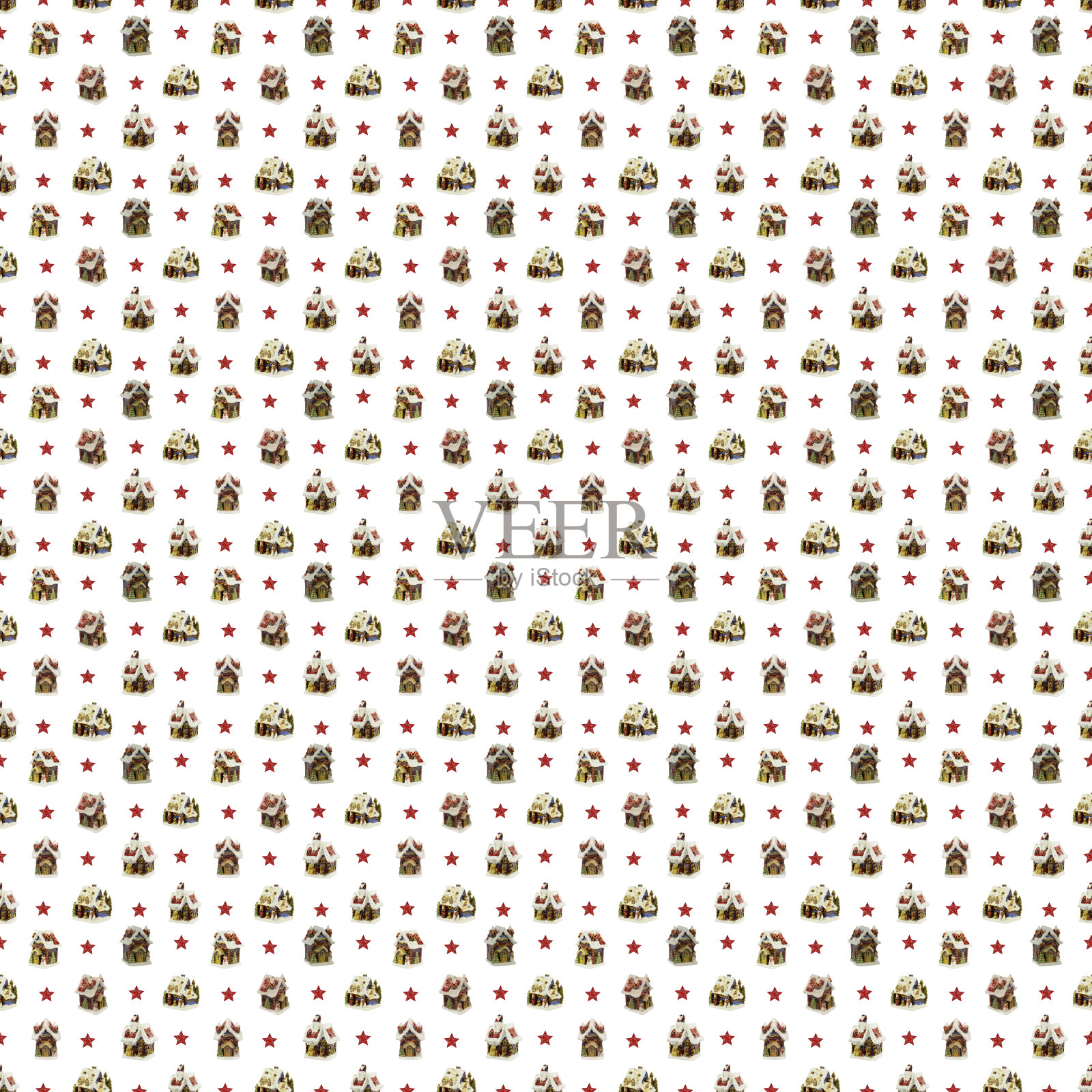 无缝模式,圣诞房子与童话人物在白色的背景。照片摄影图片