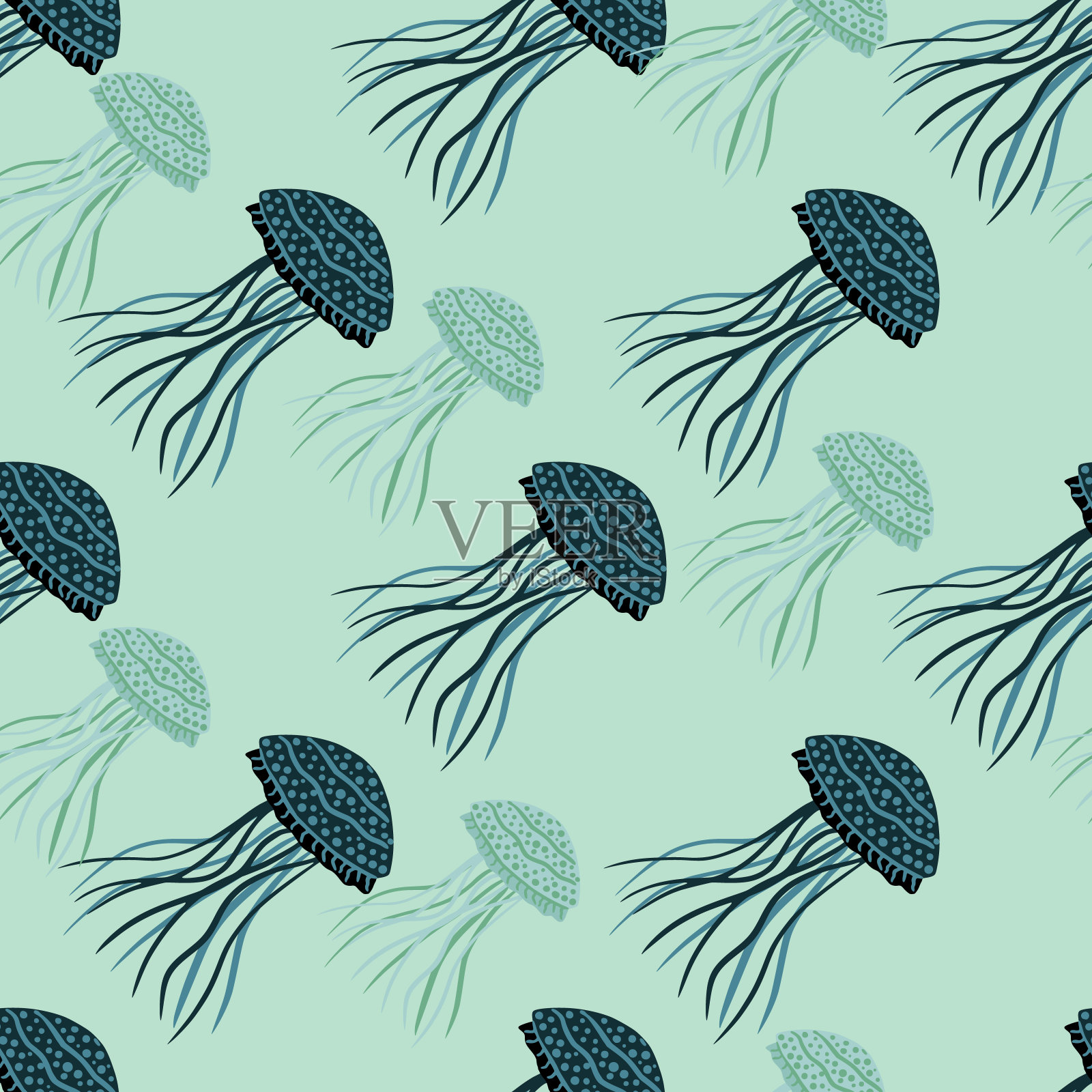 深蓝色水母轮廓无缝图案。光青绿色背景。简单的aqua打印。插画图片素材