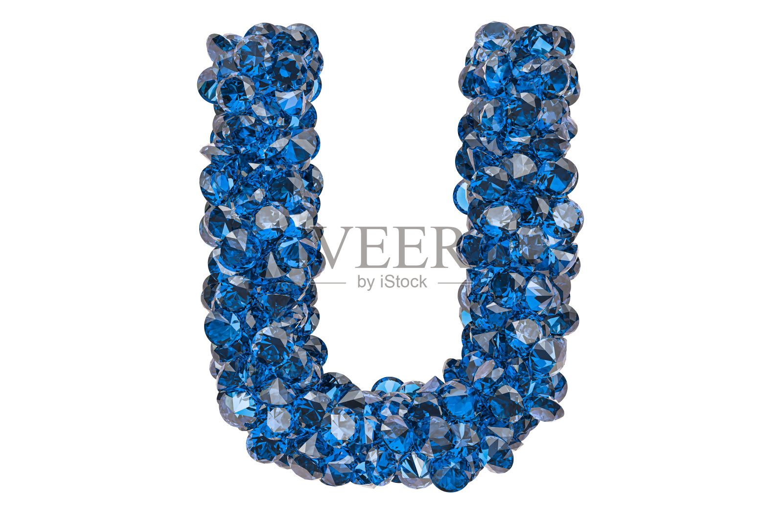 字母U由蓝色钻石或蓝宝石切割而成。3D渲染孤立的白色背景照片摄影图片