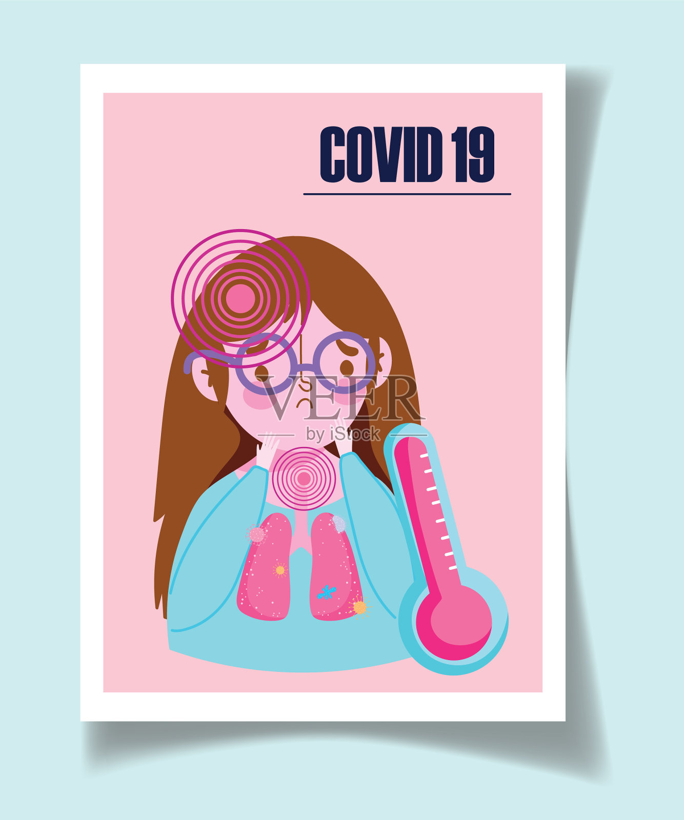 Covid - 19冠状病毒女孩症状发热头痛插画图片素材