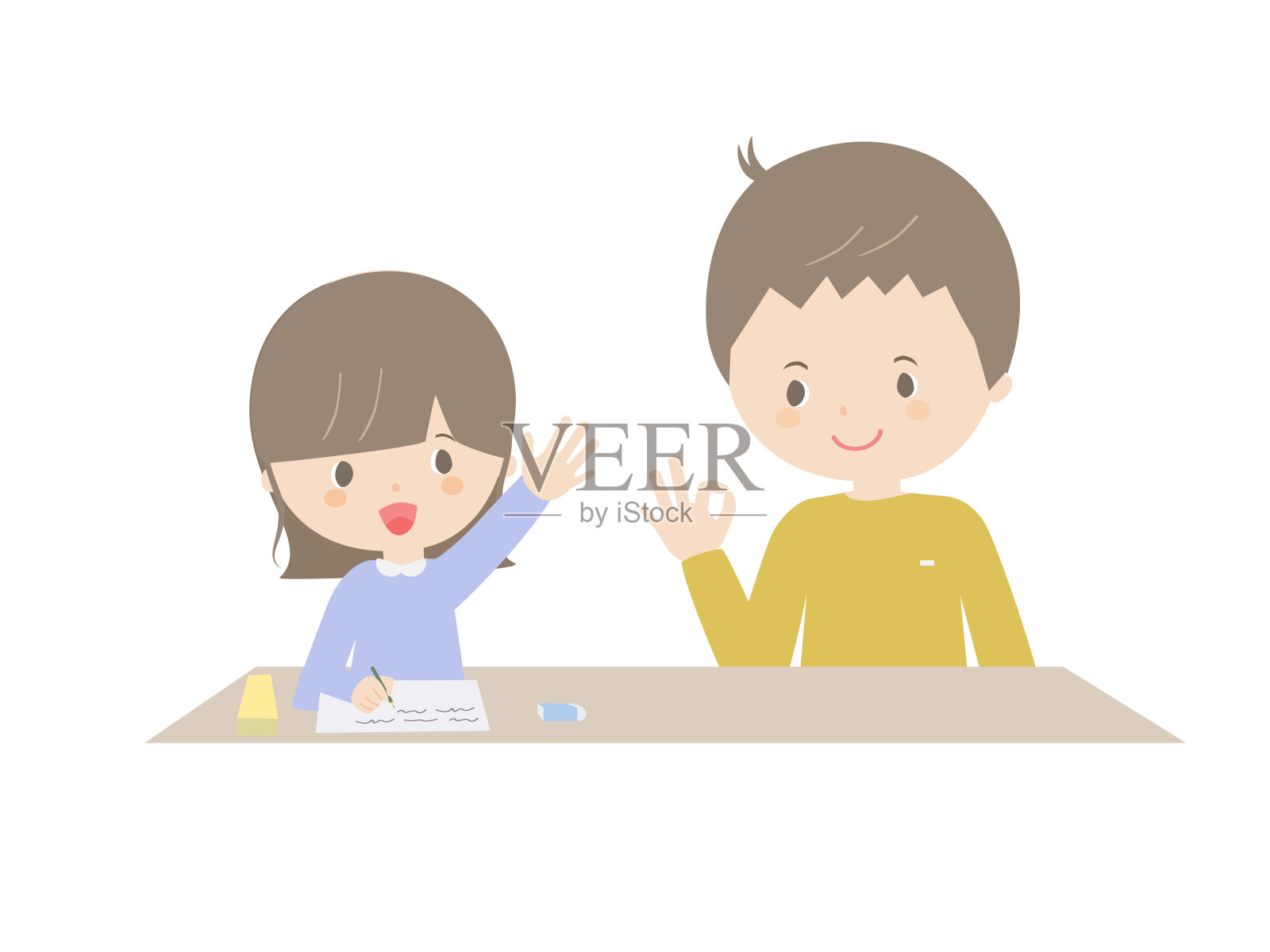 和父亲一起学习的女孩插画图片素材