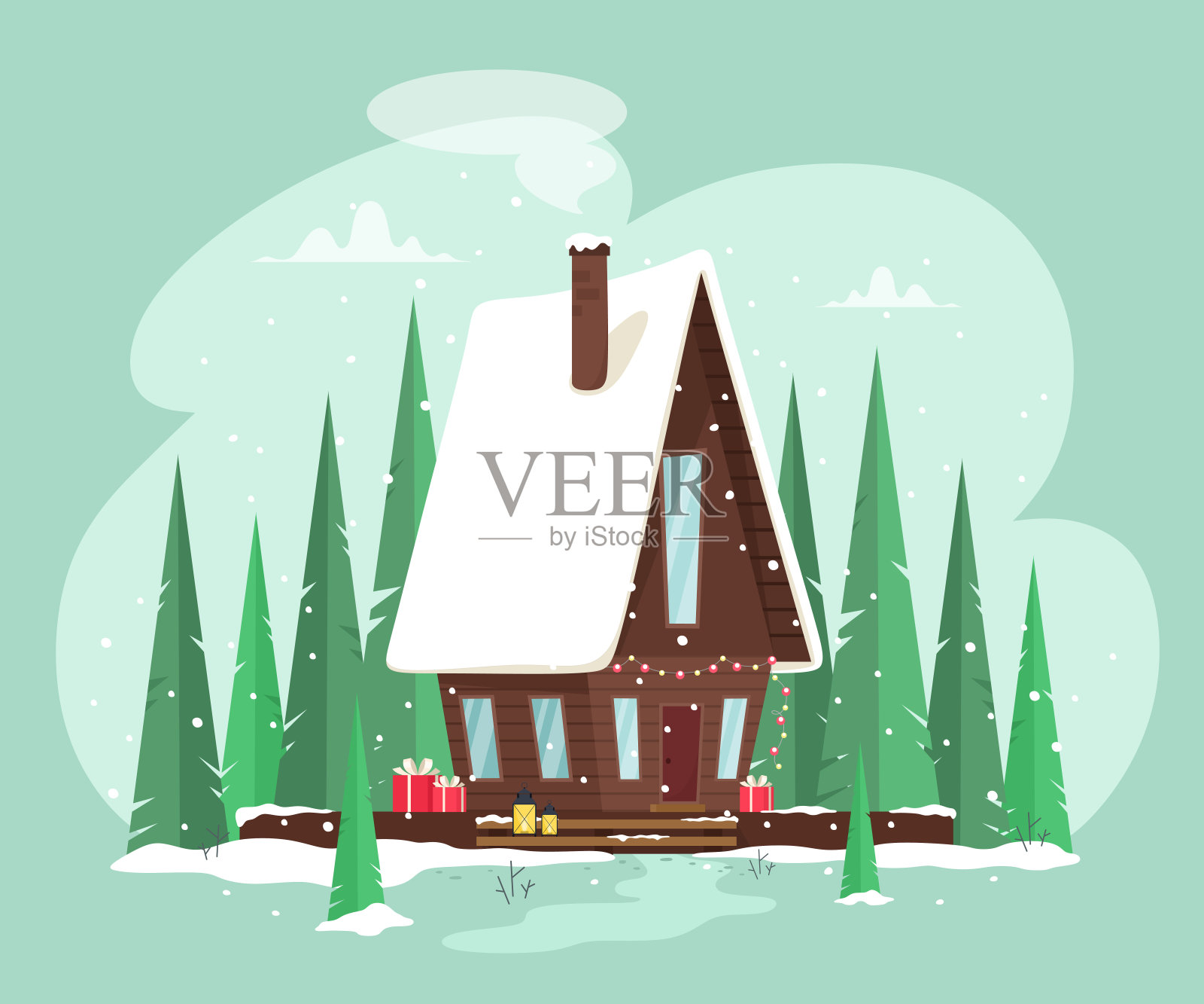 装饰着花环灯的温馨的童话般的房子。圣诞森林,童话故事。矢量插图在卡通平面风格。设计元素图片