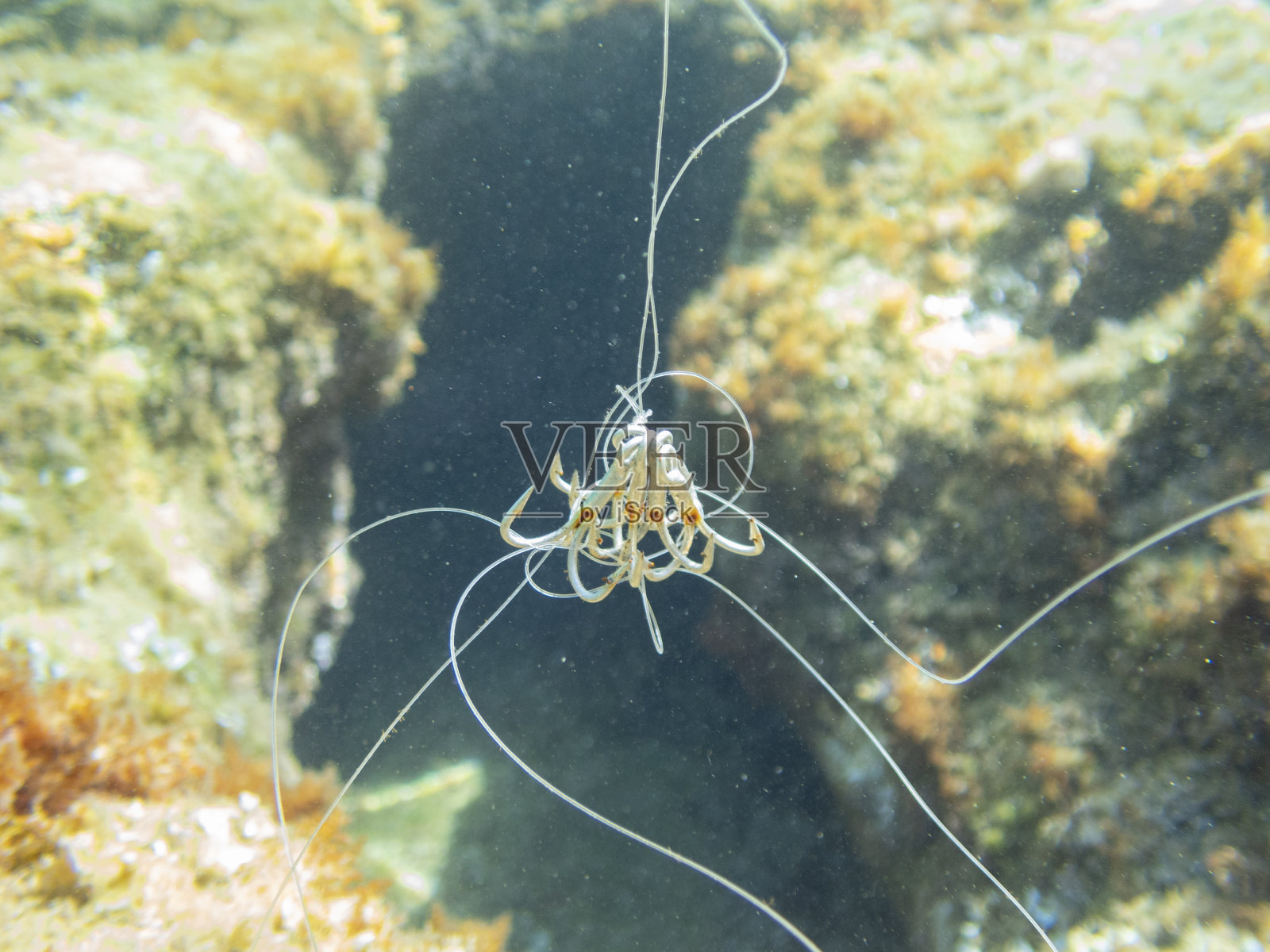钩被遗弃在海里,水下真正的危险。地中海。照片摄影图片