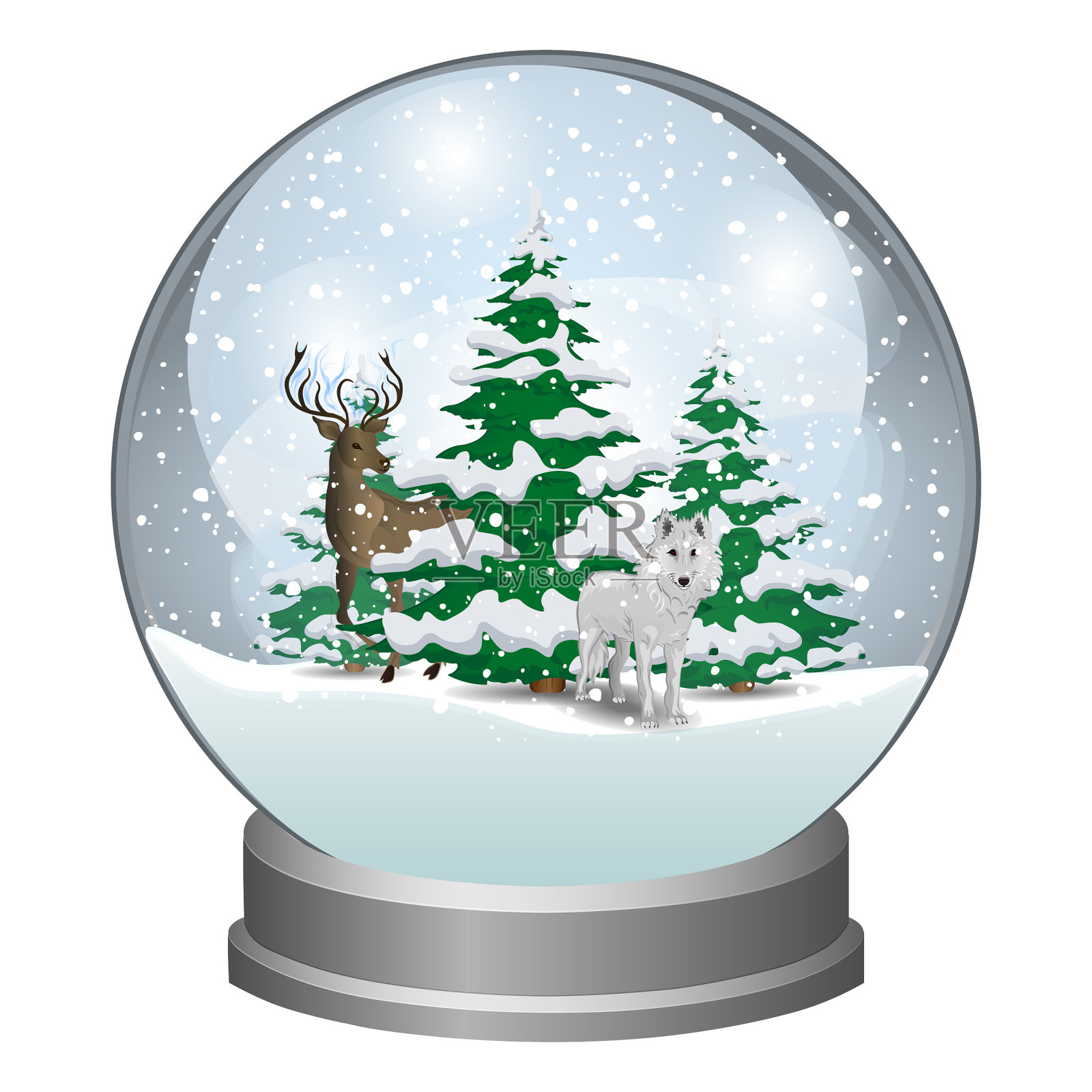 有圣诞树和野生动物的雪花玻璃球。冬天有野鹿和狼。冬天的童话。矢量插图。插画图片素材