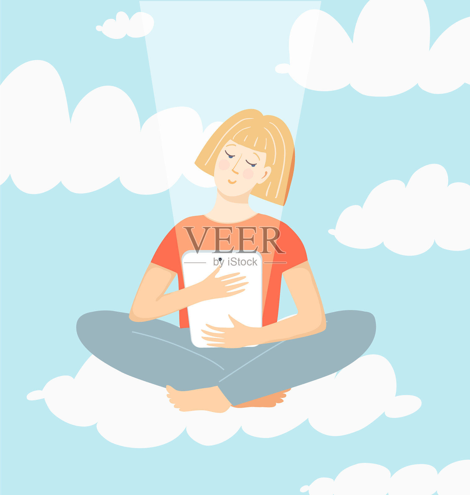 坐在云上看平板电脑的女孩插画图片素材