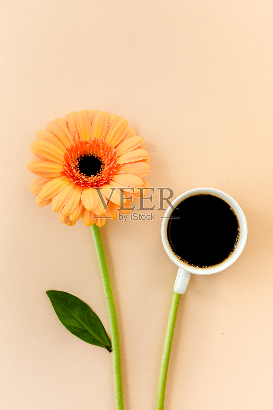 一杯咖啡和米色背景上的花瓣。平躺,俯视图照片摄影图片