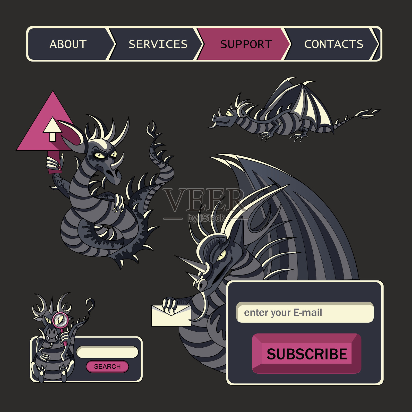 网站设计菜单导航元素,订阅和搜索表单在梦幻般的风格与龙矢量插图插画图片素材