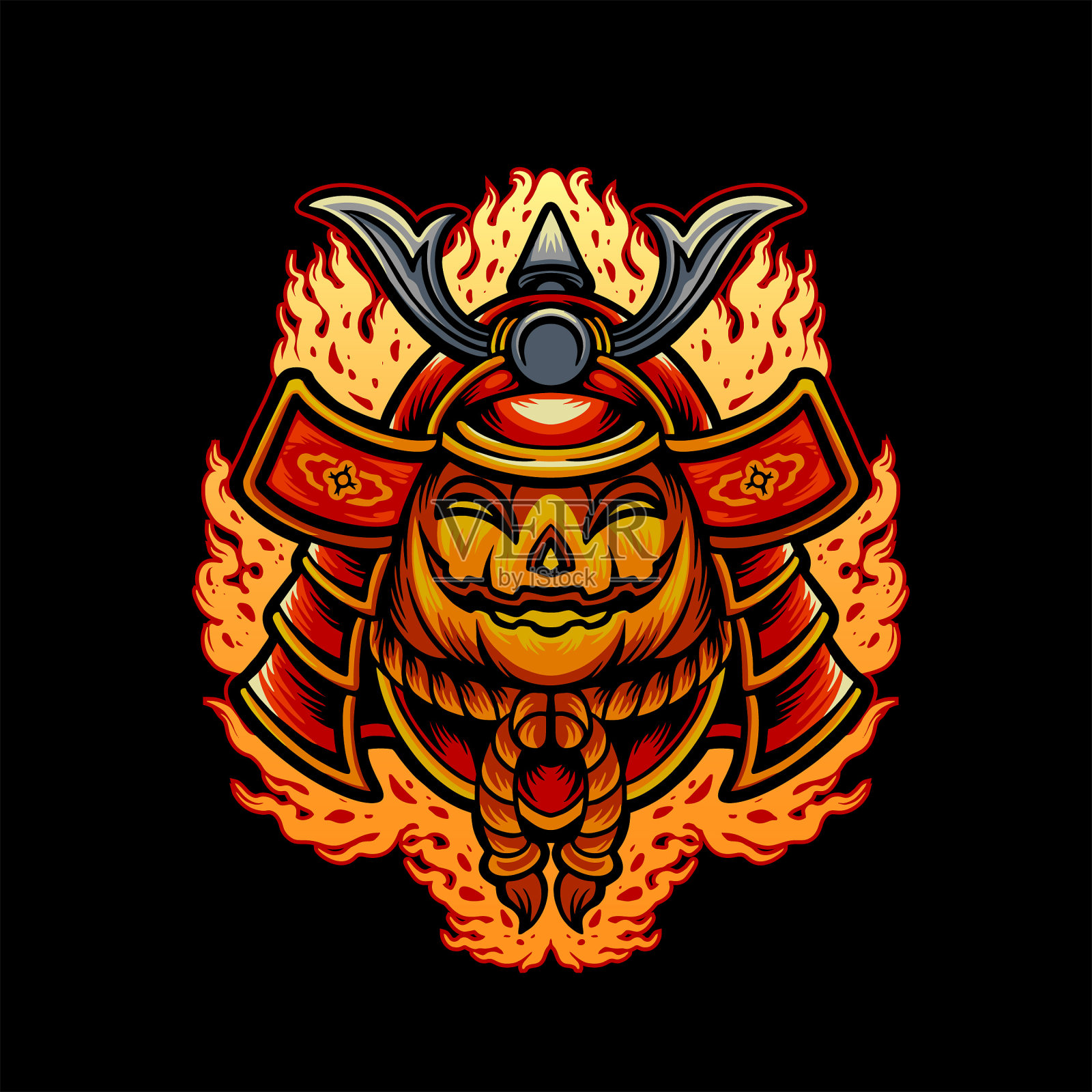 万圣节南瓜日本面具武士盔甲插图商品服装线贴纸和海报插画图片素材