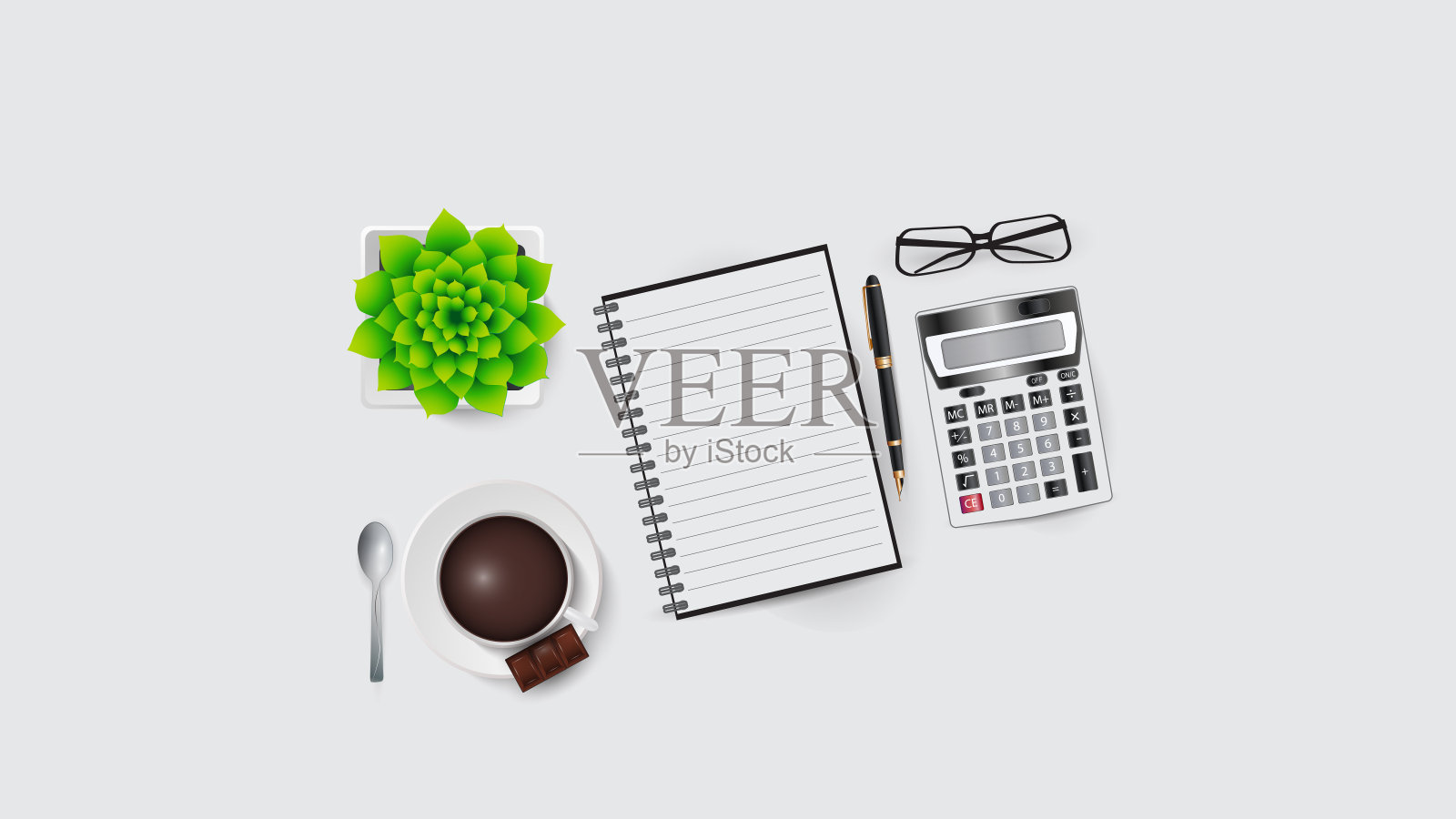 矢量插图的工作场所元素在办公室。计算器,眼镜,笔记本和铅笔,咖啡杯,花。每股收益10。插画图片素材