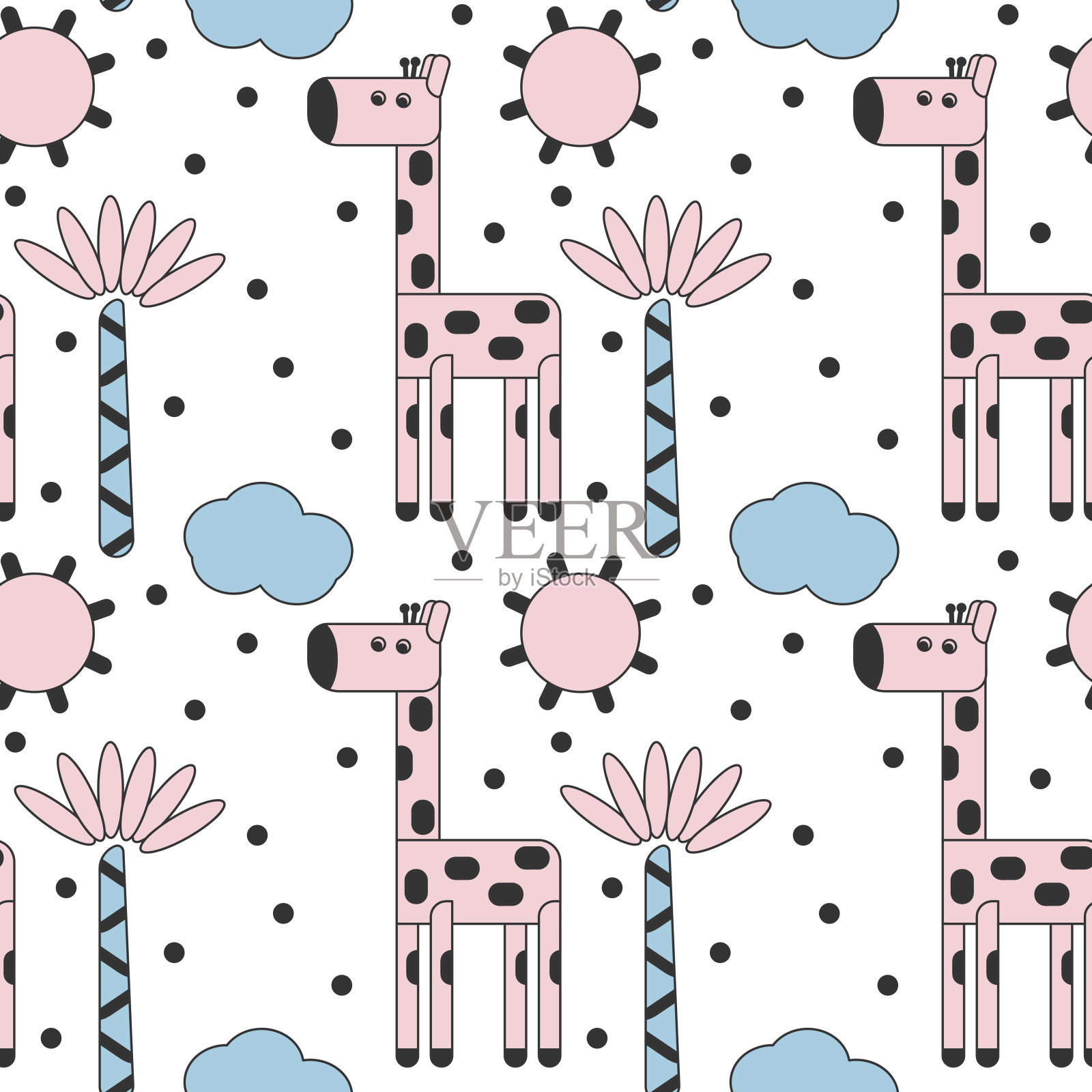 卡通长颈鹿无缝图案。棕榈树,云彩,太阳。平面可爱的动物矢量插图的孩子插画图片素材