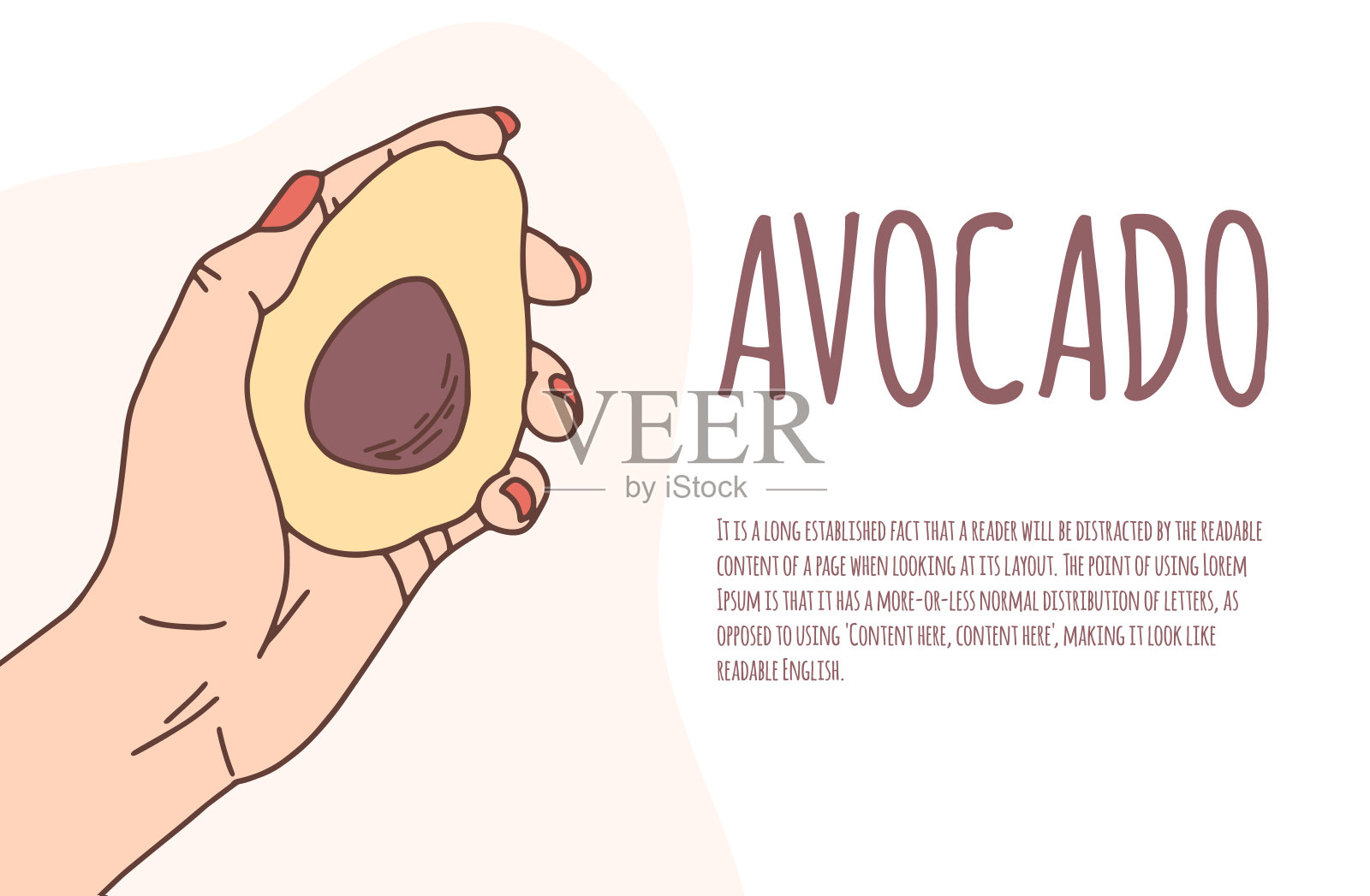 白人手在一个孤立的背景矢量旗帜上持有一个鳄梨。适当的营养,素食主义者。Eco-product。时尚的平面卡通矢量插图与文本复制空间插画图片素材