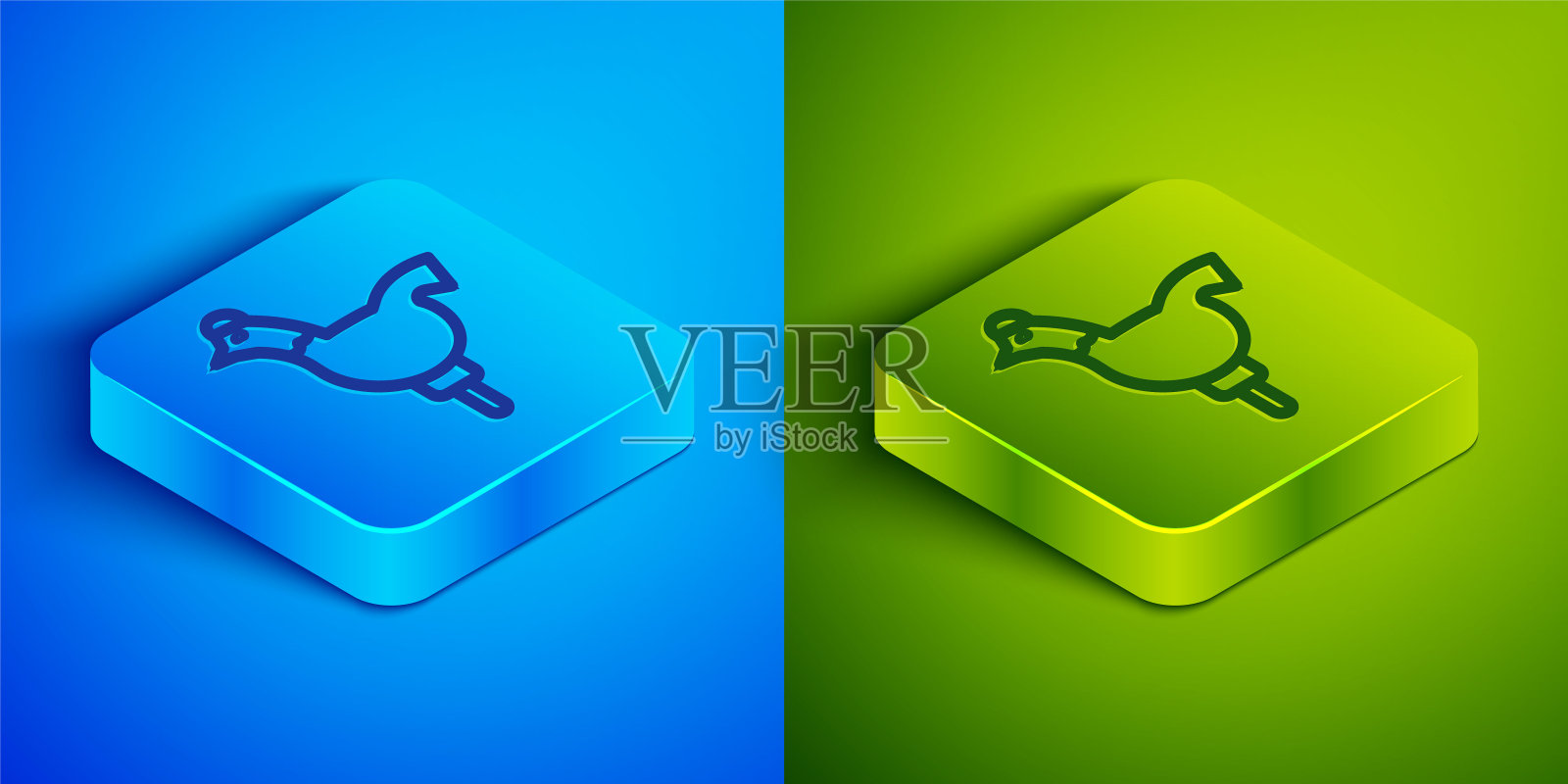 糖果小公鸡棒棒糖在一个棒状图标上,孤立在蓝色和绿色的背景上。方形按钮。向量插画图片素材