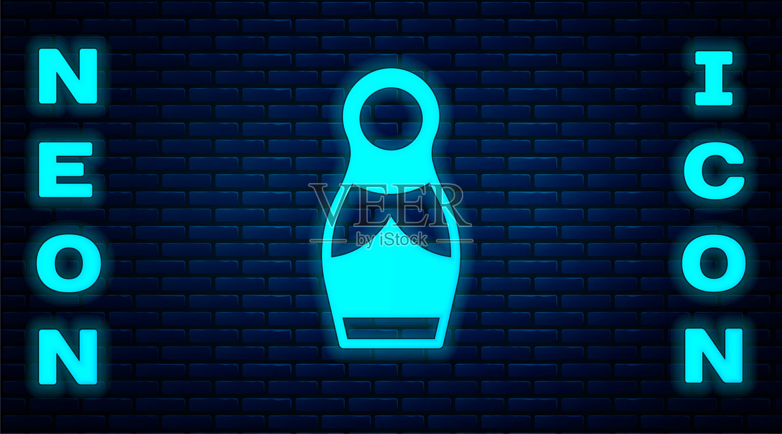 在砖墙的背景上孤立的俄罗斯娃娃的霓虹灯图标。向量插画图片素材