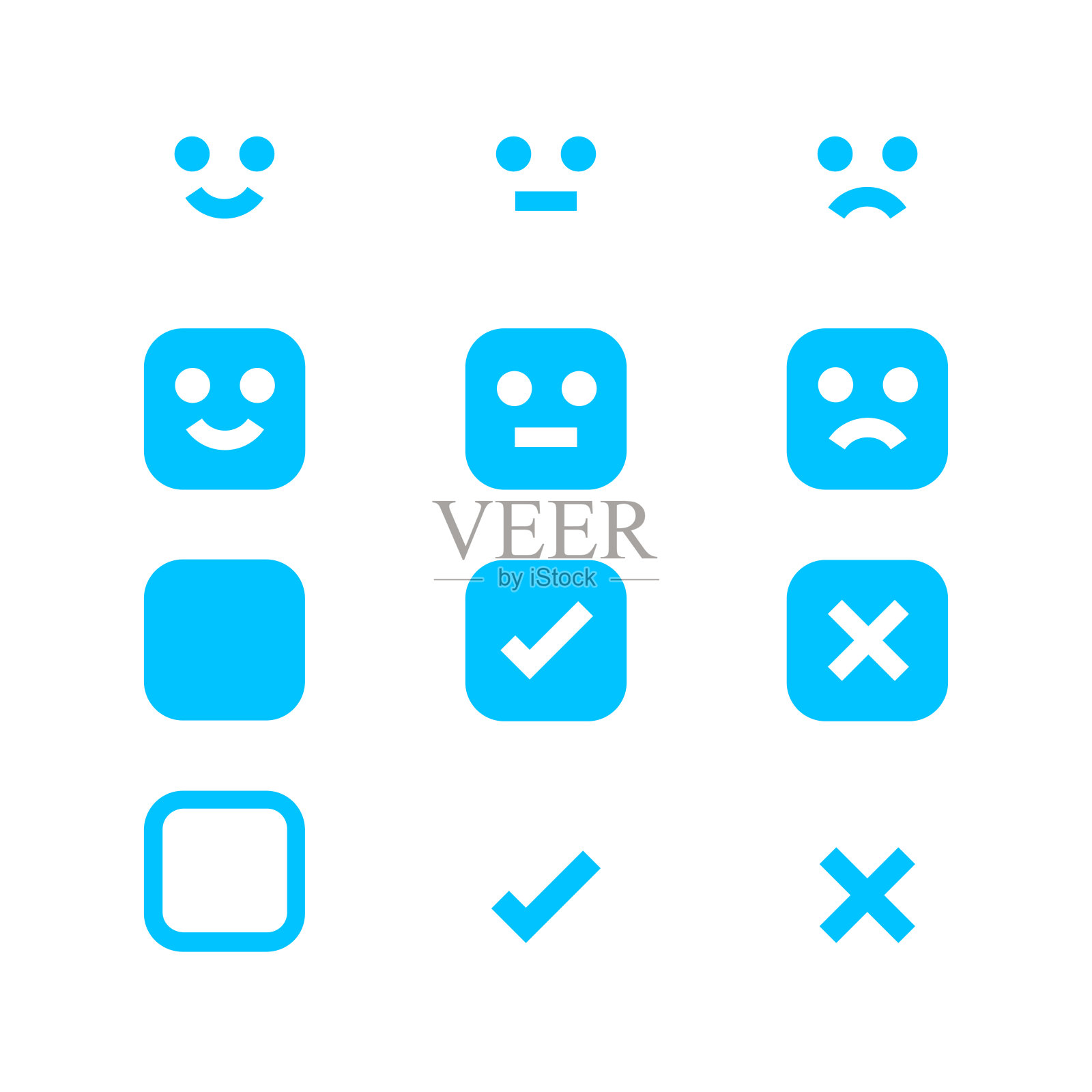 浅蓝色的图标表情,情绪符号和批准检查符号按钮,情绪表情和检查标记x或确认和拒绝,按钮平坦发光的应用程序,图标复选标记闪烁图标素材