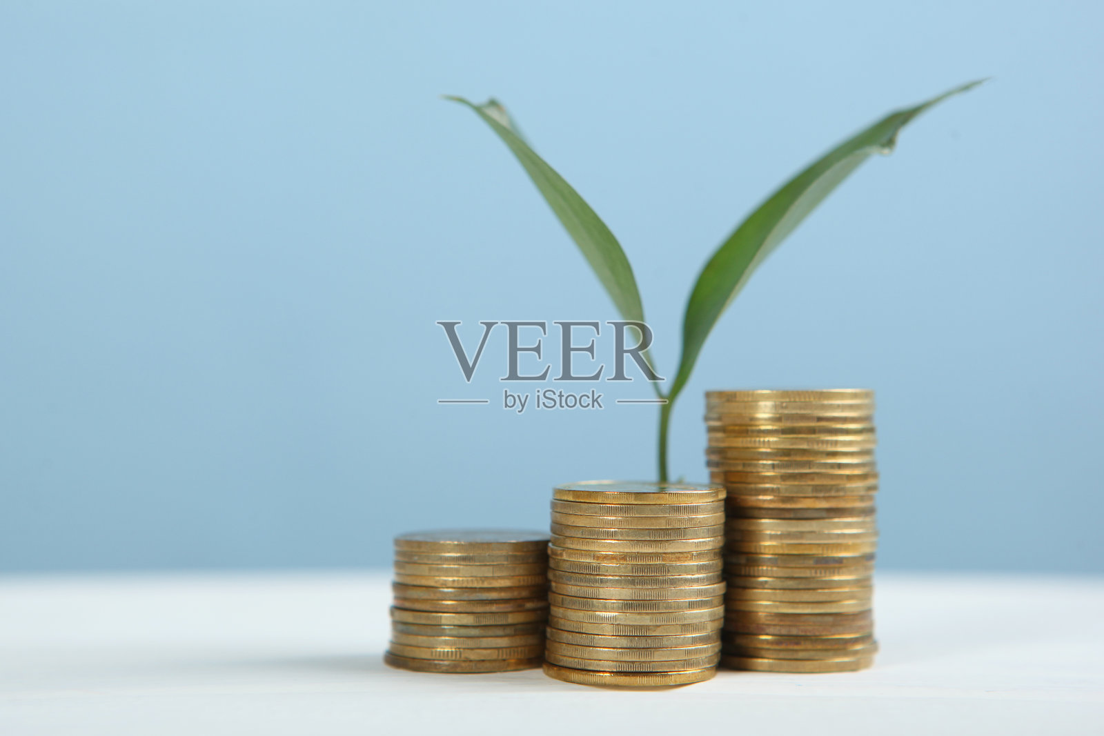 桌上放着一堆堆金币和一棵新芽。现金收入增长概念。照片摄影图片