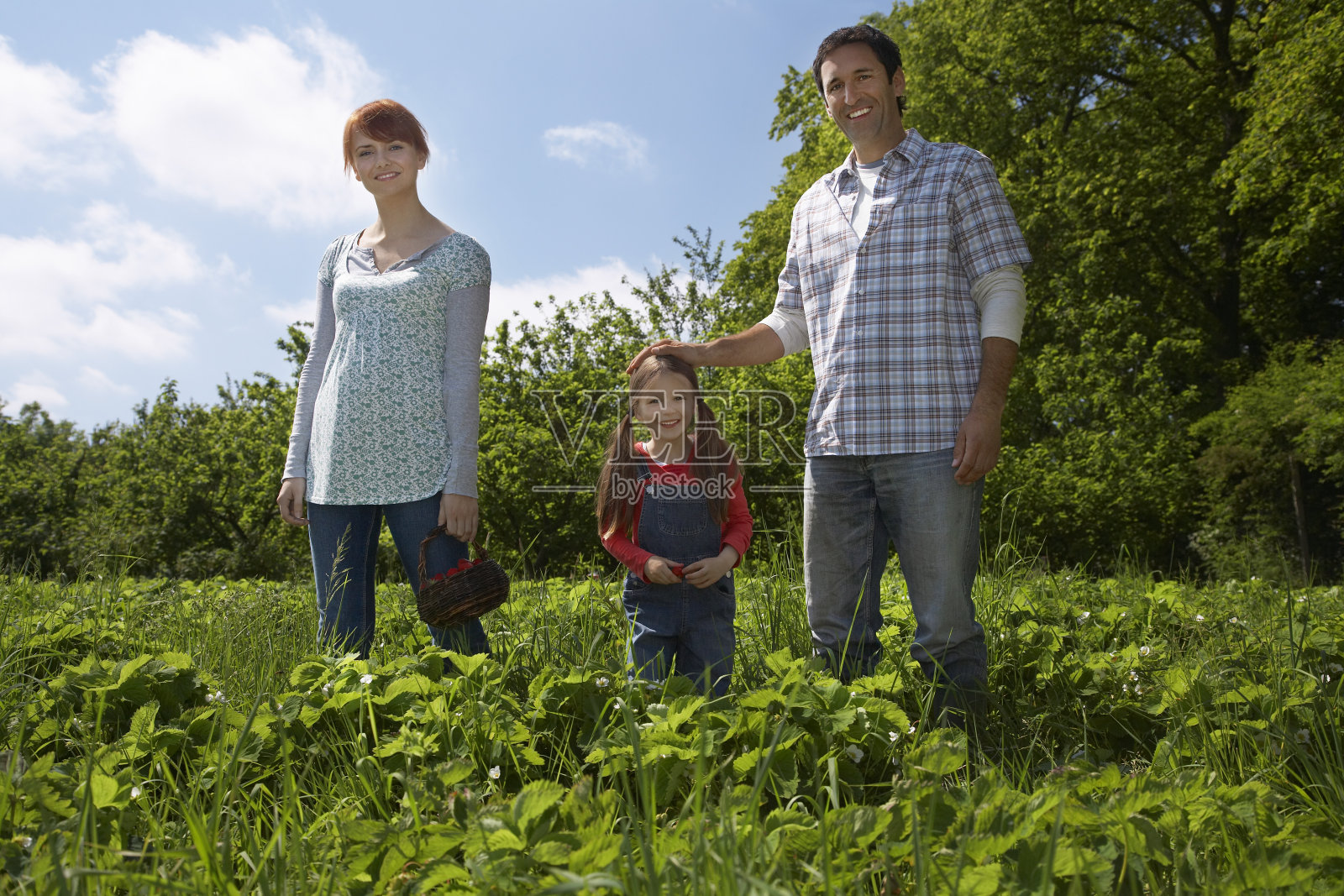 快乐的一家人在草地上散步照片摄影图片