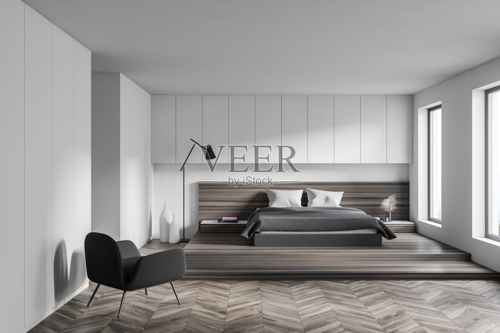 白色卧室内设扶手椅照片摄影图片