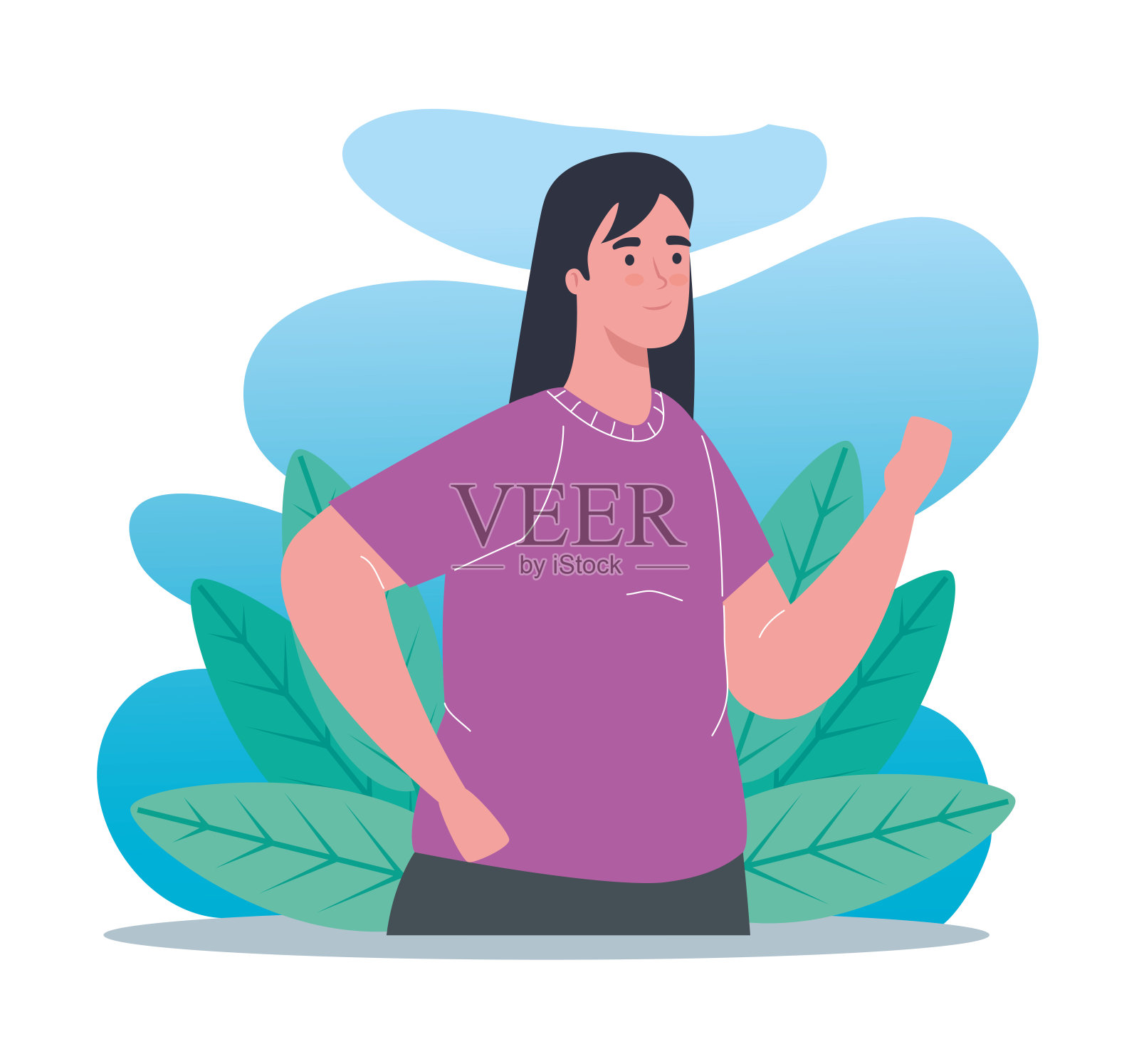 带着热带树叶的年轻女子插画图片素材