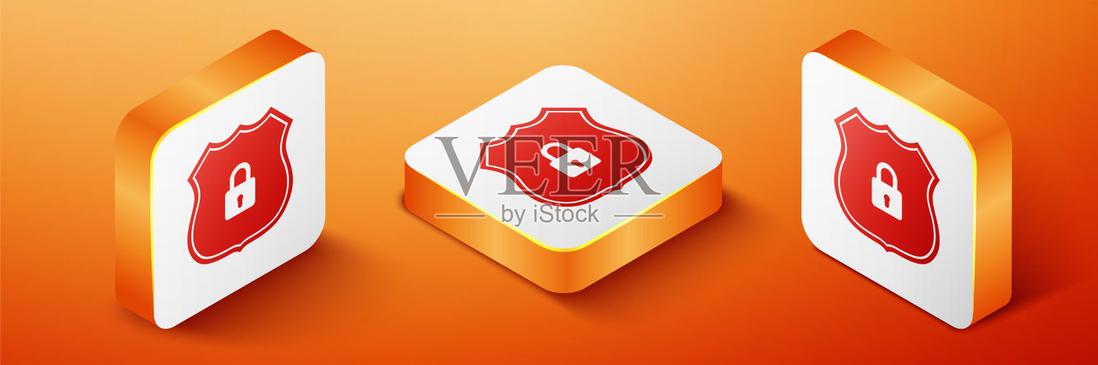 等距盾牌安全与锁图标隔离在橙色背景。保护,安全,密码安全。防火墙访问隐私标志。橙色方形按钮。向量插画图片素材