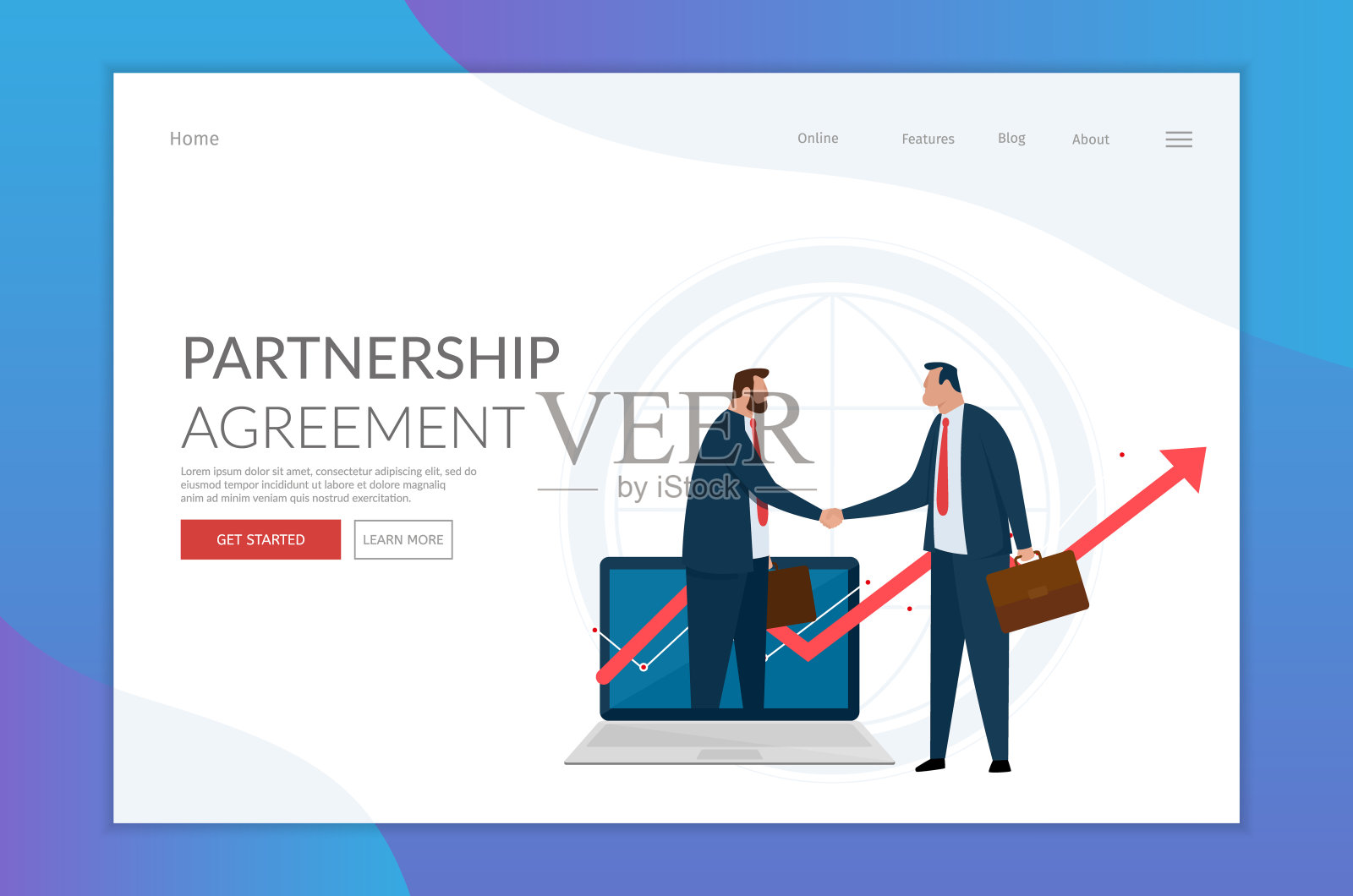 金融经纪人做了交易。笔记本电脑,增长图表和两个商人握手。着陆设计页面模板。插画图片素材