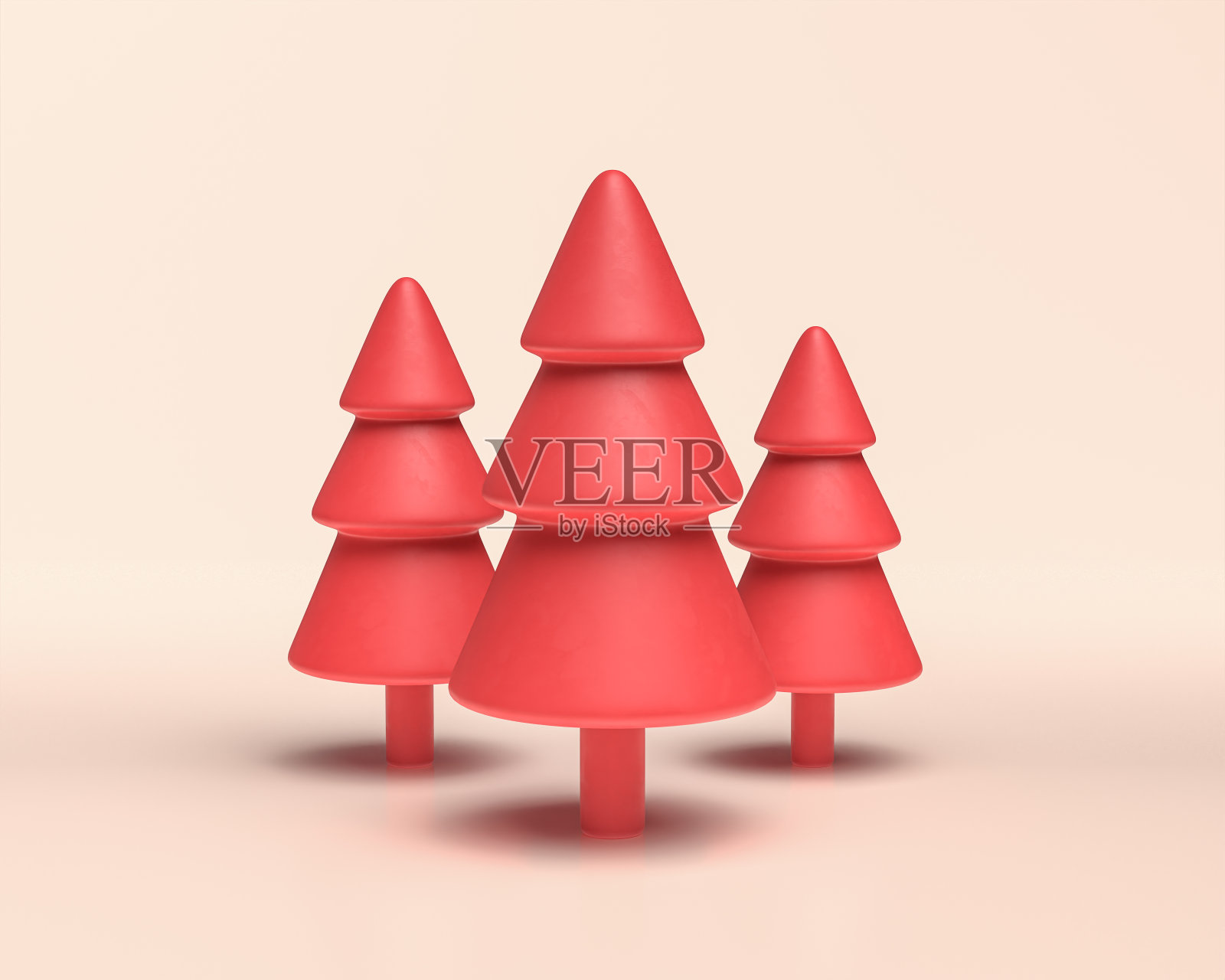三棵统一的松树,单色红色的3d图标树在白色的背景,纯平面颜色,3d渲染照片摄影图片