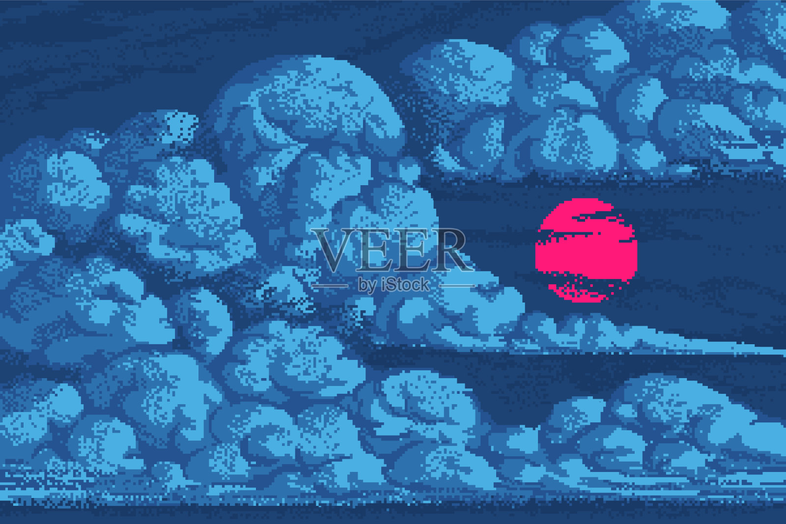 像素艺术云。8位对象。蓝色的魔法天空和日本太阳的背景。复古游戏资产。梦幻电子游戏室。矢量图插画图片素材