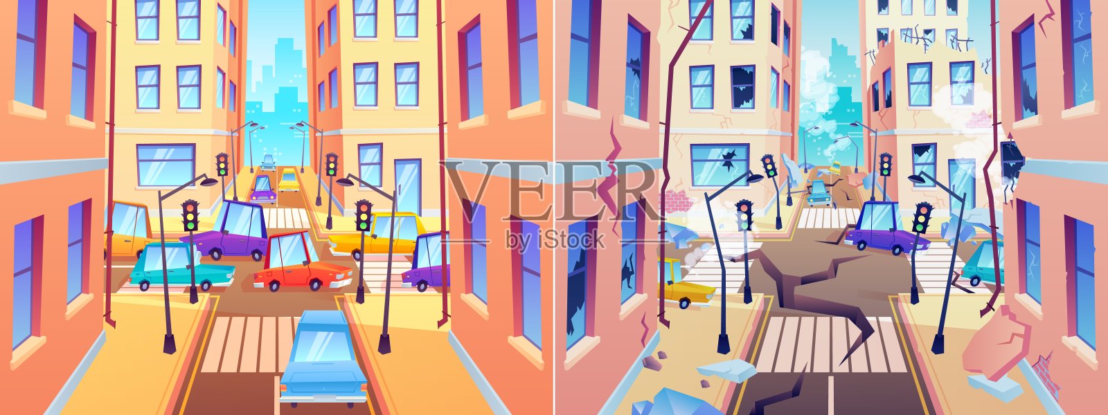 地震前后的城市街道。被毁的道路和建筑物。自然灾害后的城镇插画图片素材