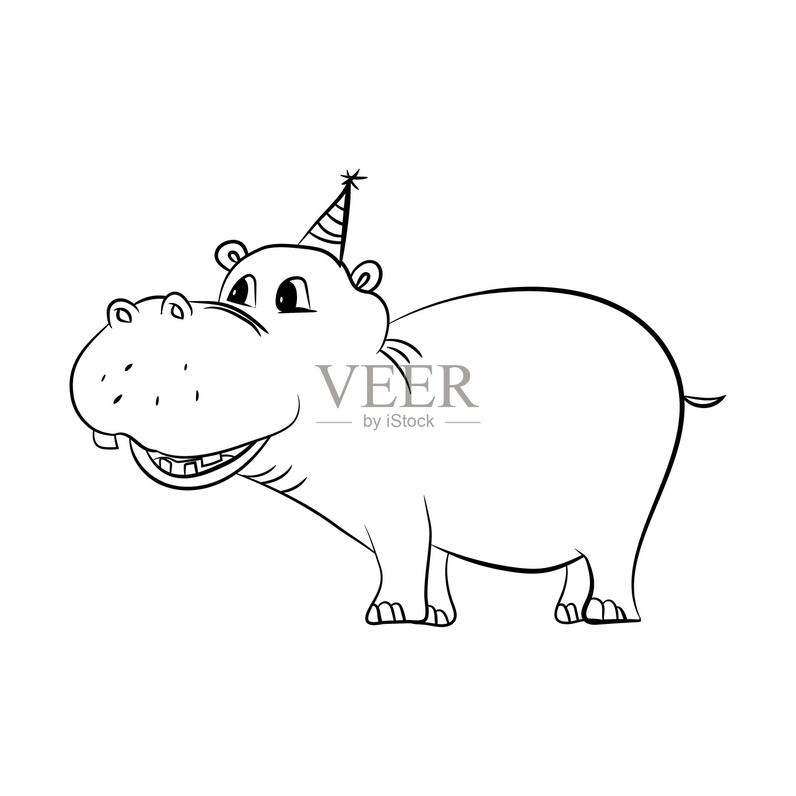 可爱的小河马绘画,线条艺术插图的着色书。搞笑卡通河马宝宝,可用于t恤印花,儿童穿搭时尚设计,宝宝沐浴礼邀请函。——矢量插画图片素材