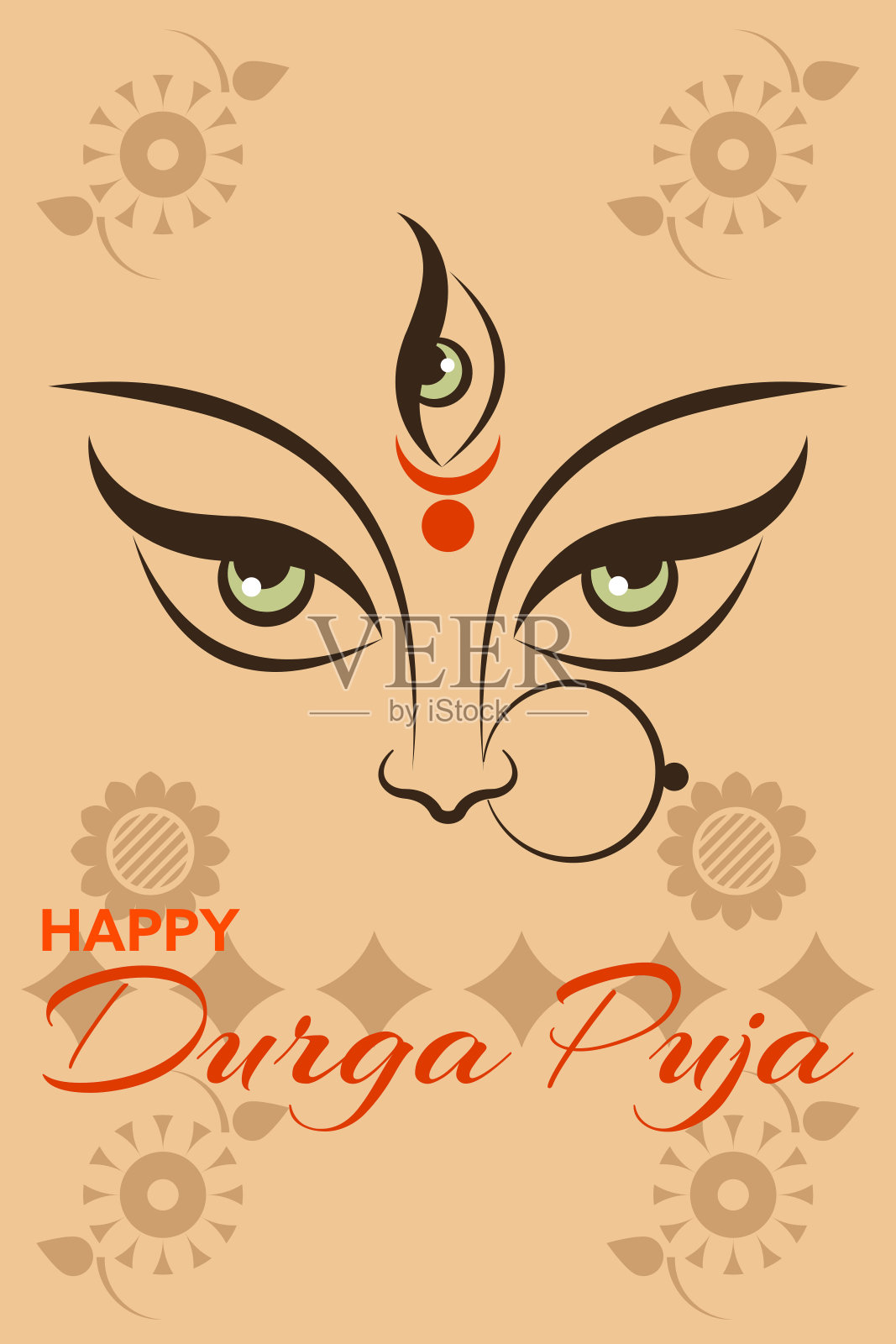 快乐杜尔迦普贾节模板设计与印度女神杜尔迦的脸。设计模板素材