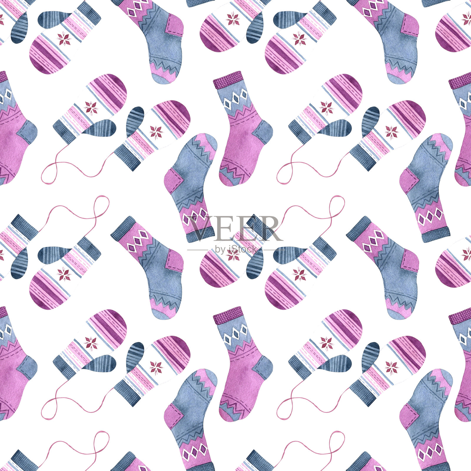 无缝图案与水彩手套和圣诞袜在白色的背景。木制衣服重复图案庆祝节日插画图片素材