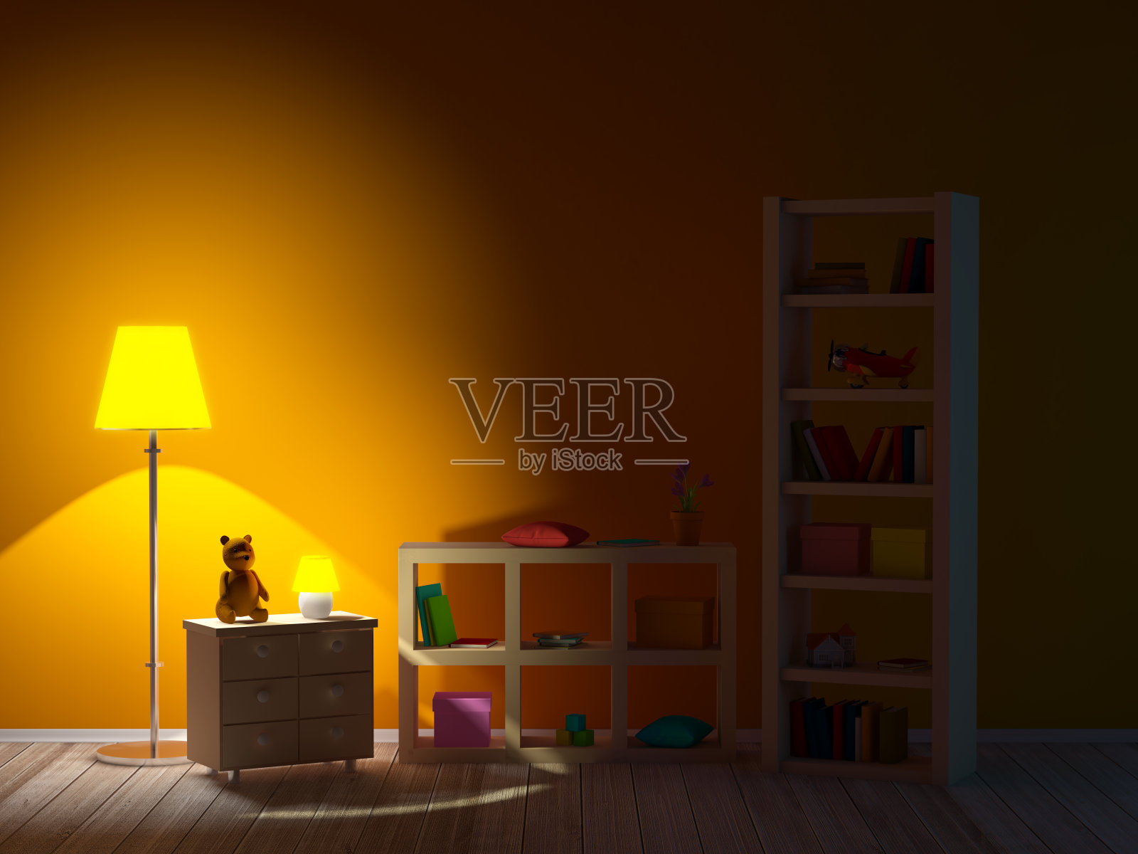 晚上有书架的孩子们的房间照片摄影图片