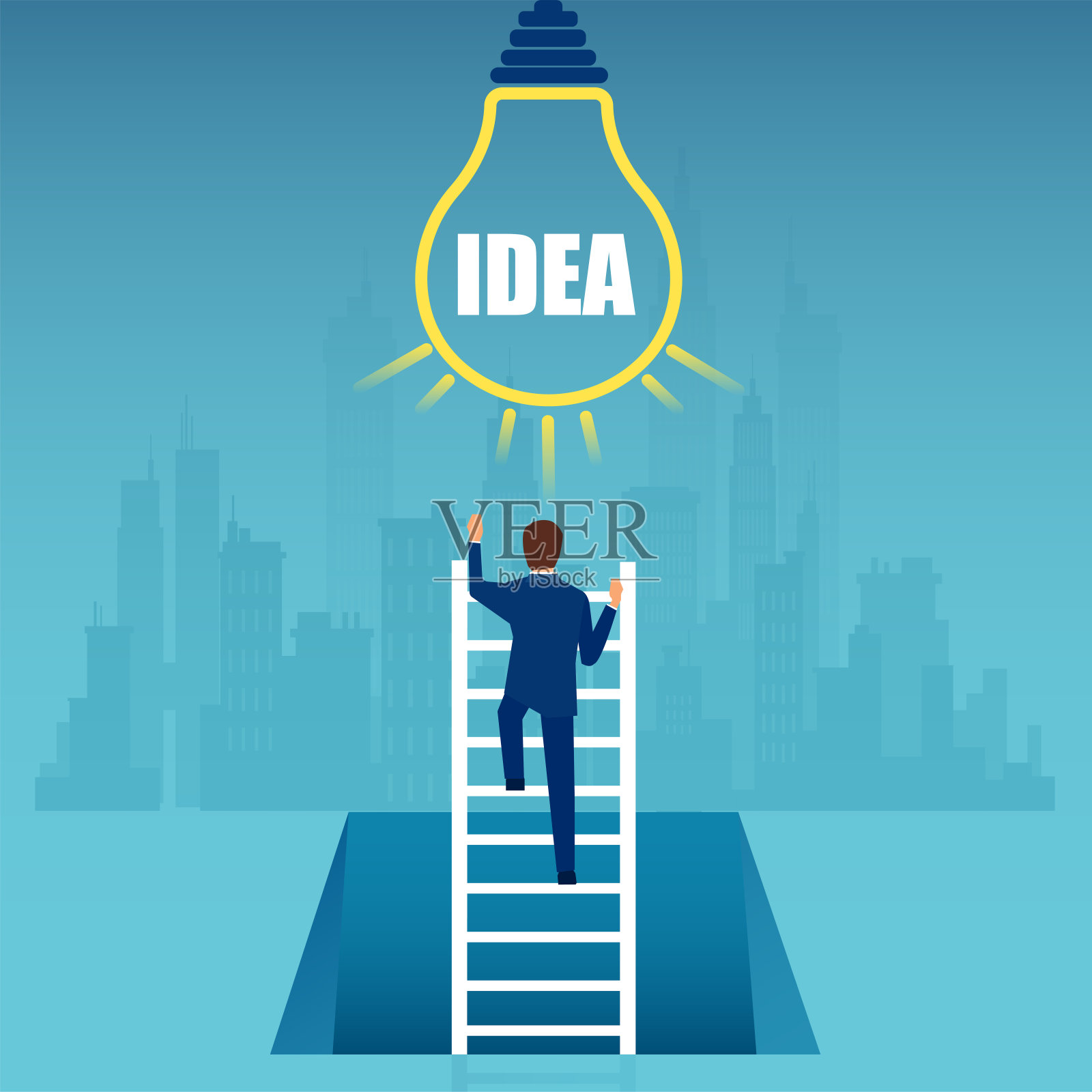 一个商人爬上梯子到达光明的想法,灯泡插画图片素材