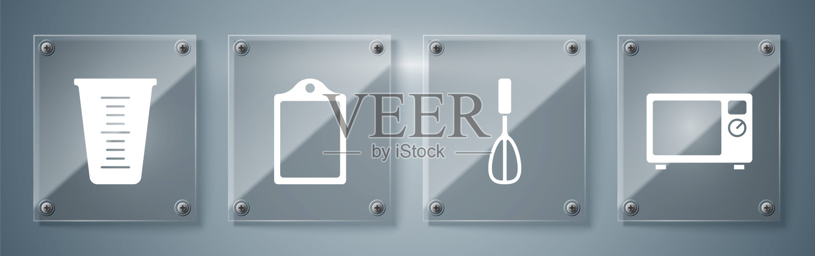 设置微波炉,搅拌器,切菜板和量杯。方形玻璃面板。向量插画图片素材