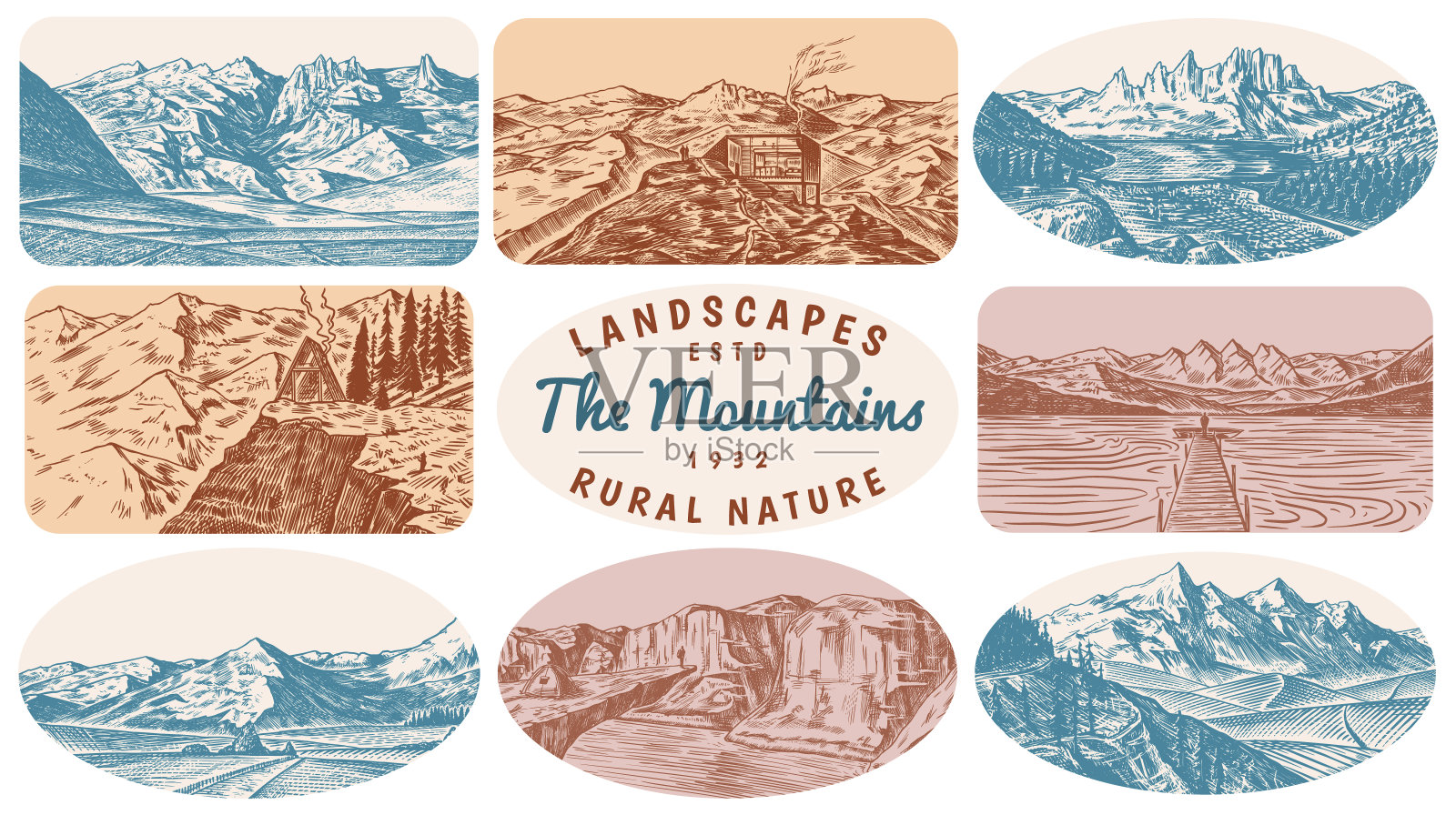 山景背景设置。阿尔卑斯山的山峰和一个带帐篷的旅行者。古董山。旅行的概念。户外海报、登山横幅或徽章的手绘雕刻草图插画图片素材