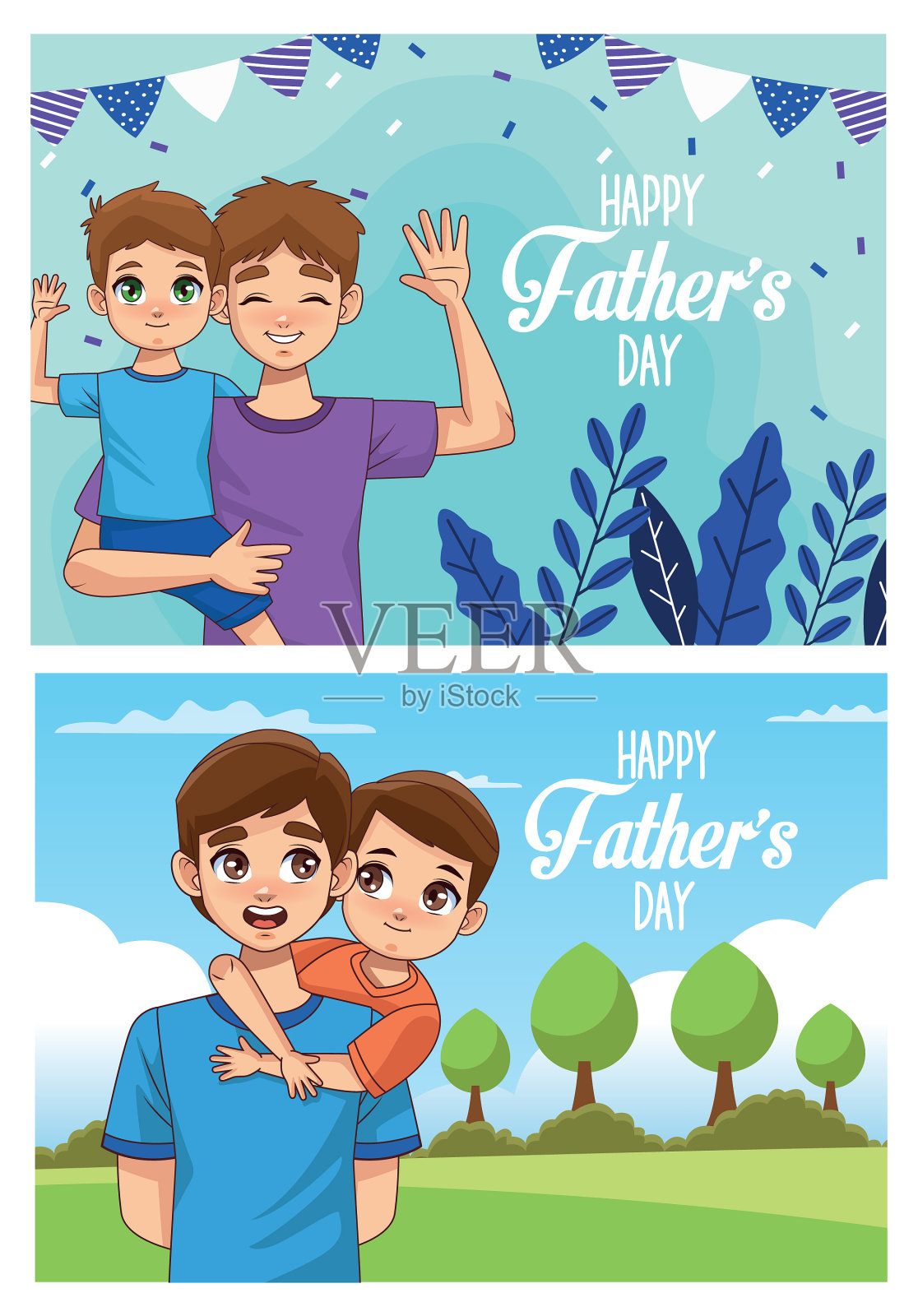 父亲节的卡片上有带着儿子的父亲插画图片素材