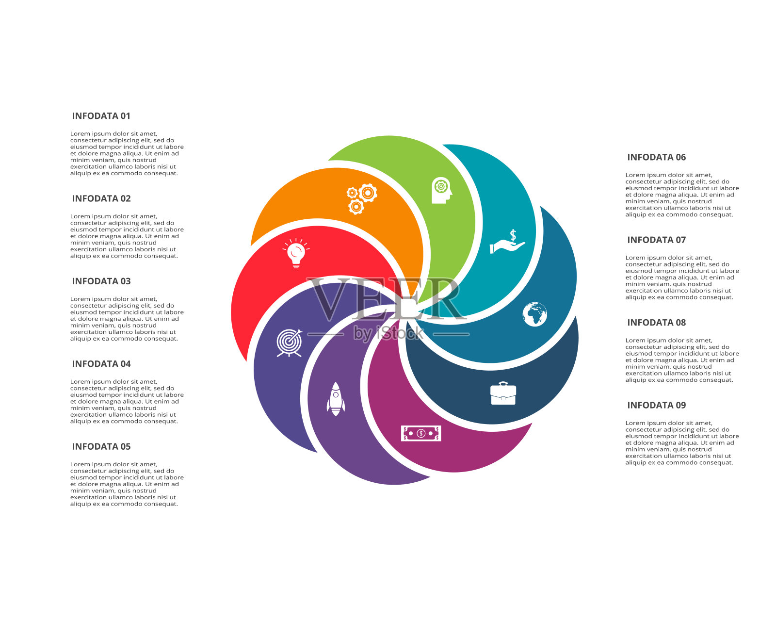 圈元素的图形,图表与9个步骤,选项,零件或过程。模板信息图表,演示。插画图片素材