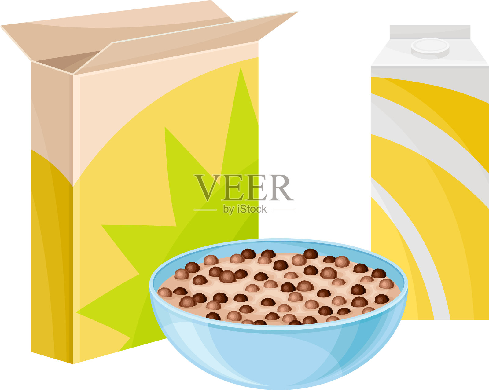 一碗早餐麦片,牛奶和纸盒插画图片素材