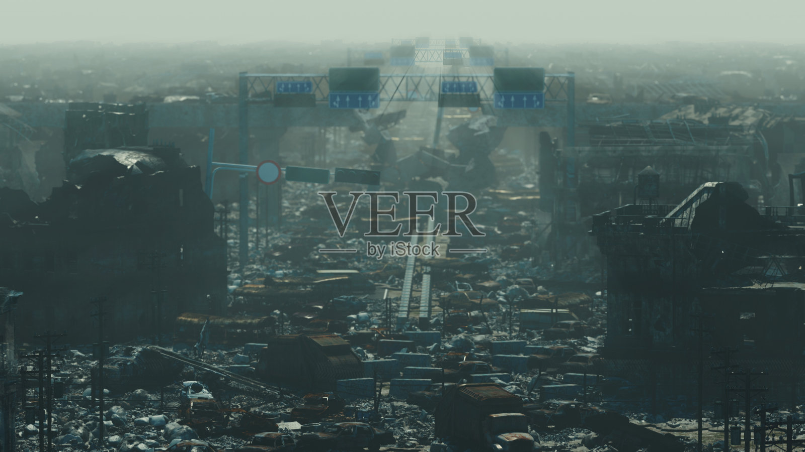 末日幸存者概念,城市废墟。世界末日荒地景观照片摄影图片