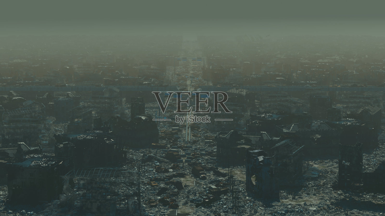 末日幸存者概念,城市废墟。世界末日荒地景观照片摄影图片