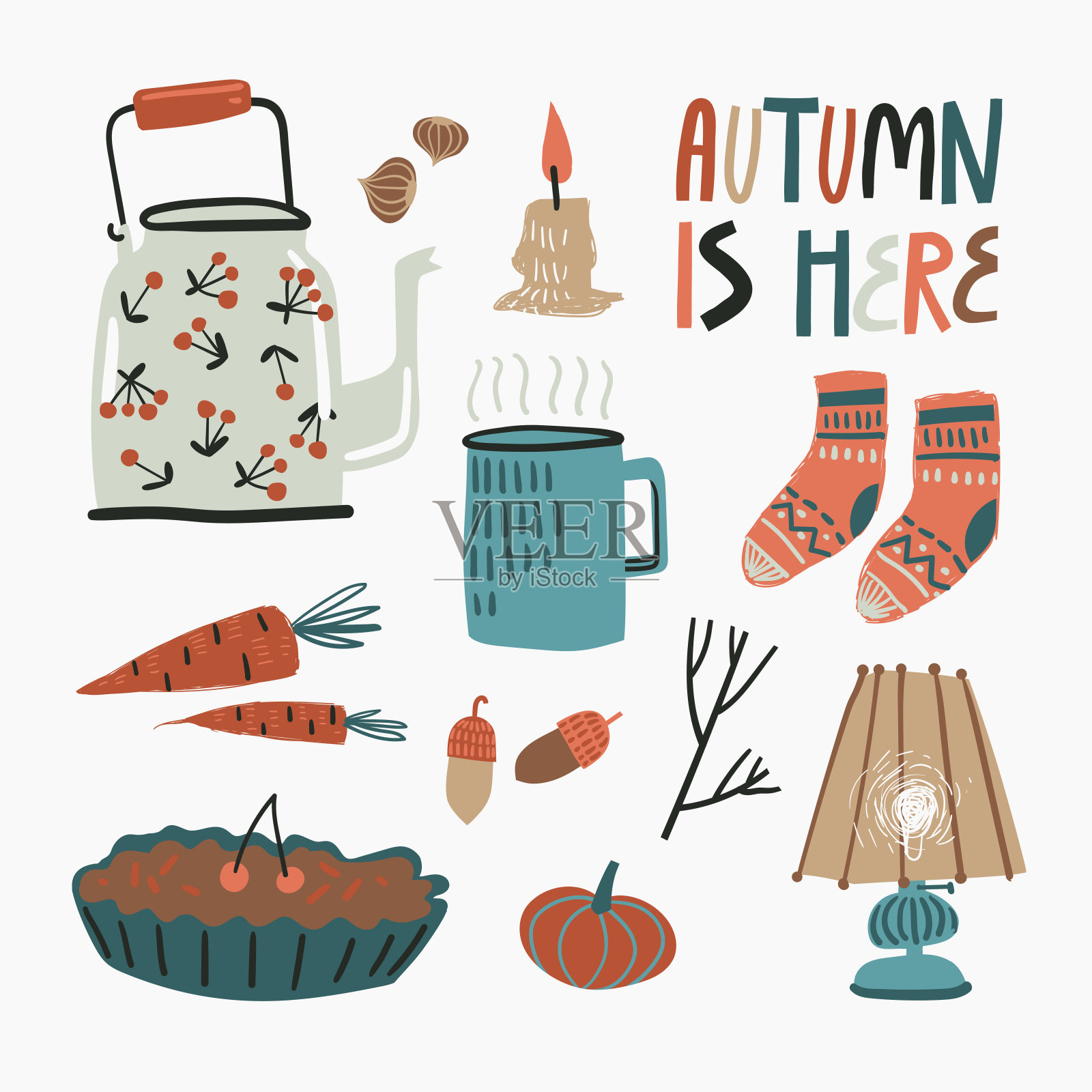 秋季涂鸦元素的集合。舒适的东西,衣服,收获,食物和自然。插画图片素材