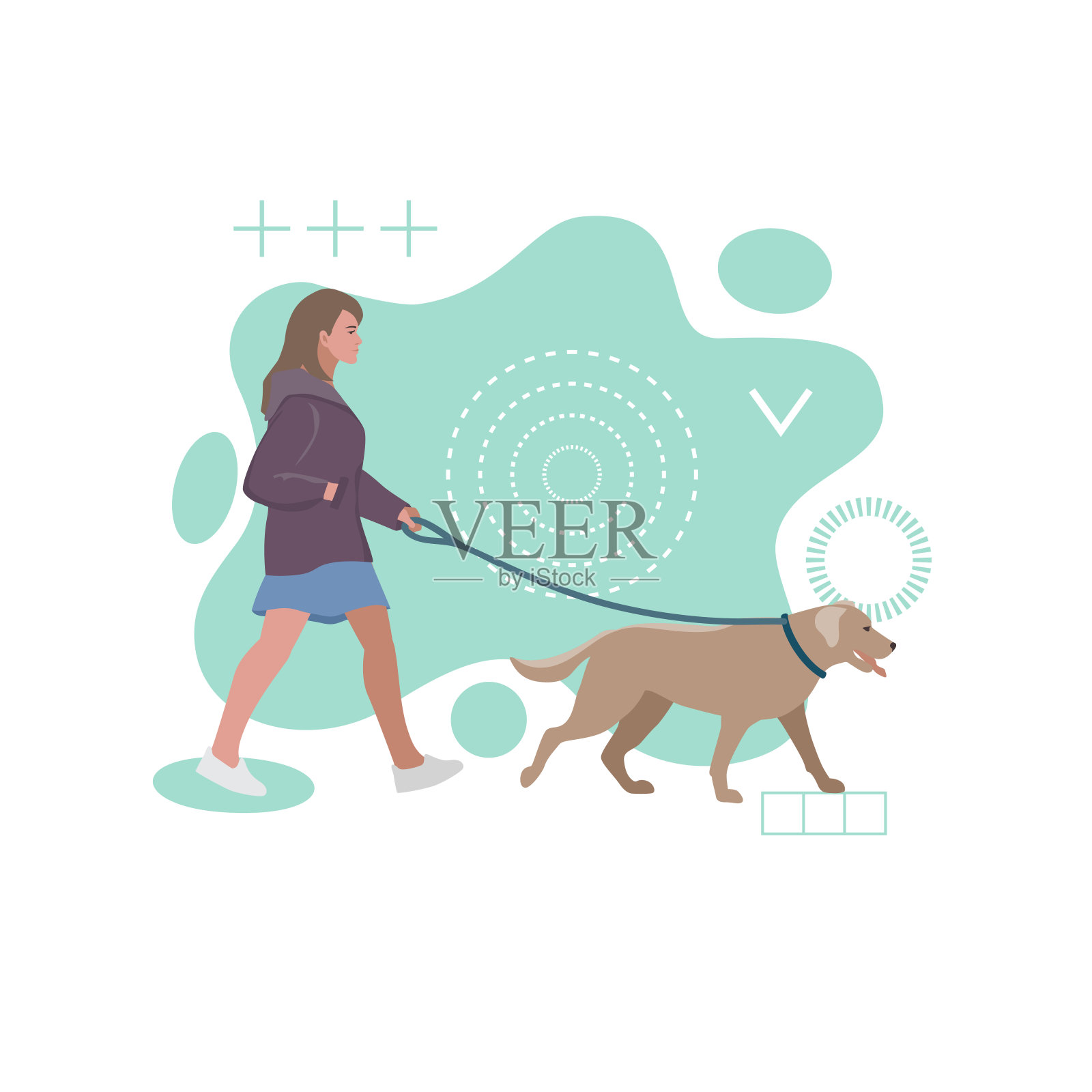 女孩在抽象背景上遛狗插画图片素材
