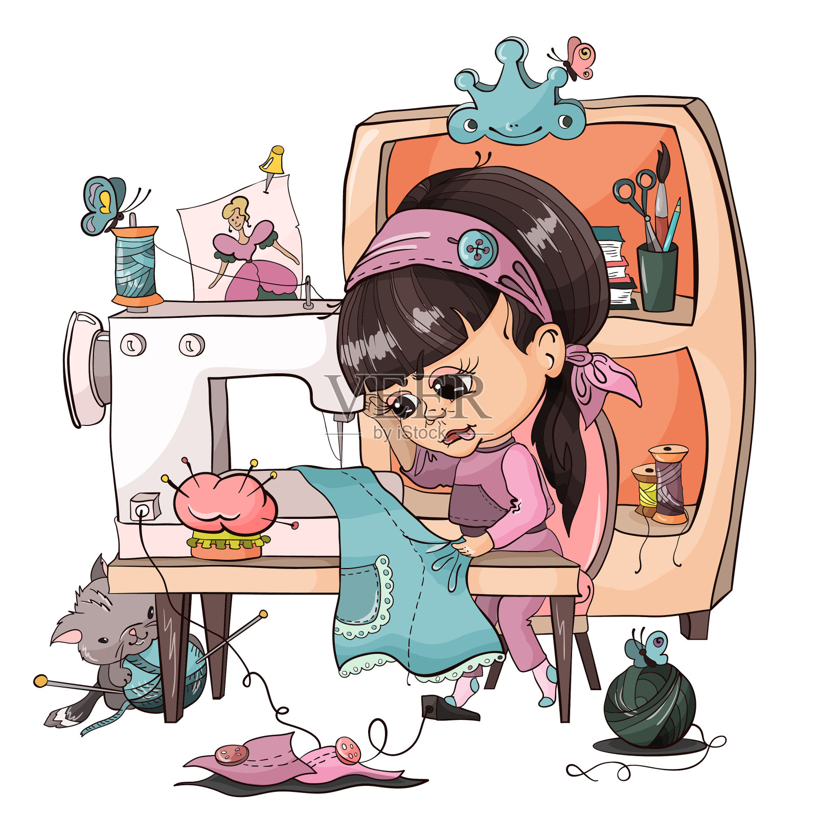 小女孩缝制插画图片素材