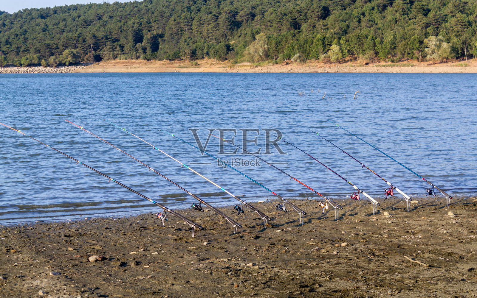 在湖边钓鱼竿照片摄影图片