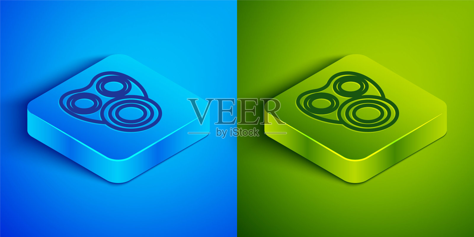 等距线防毒面具图标隔离在蓝色和绿色背景。呼吸器的迹象。方形按钮。向量图标素材