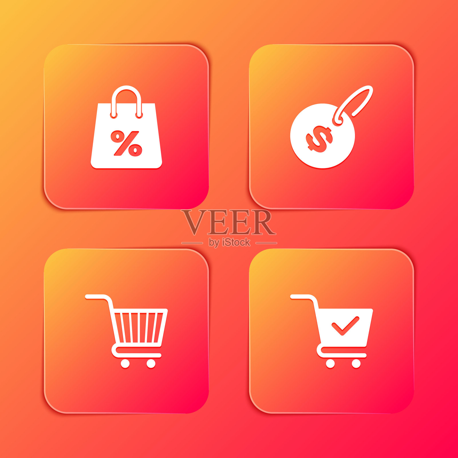 设置购物袋百分比,价格标签美元,购物车和检查标志图标。向量插画图片素材